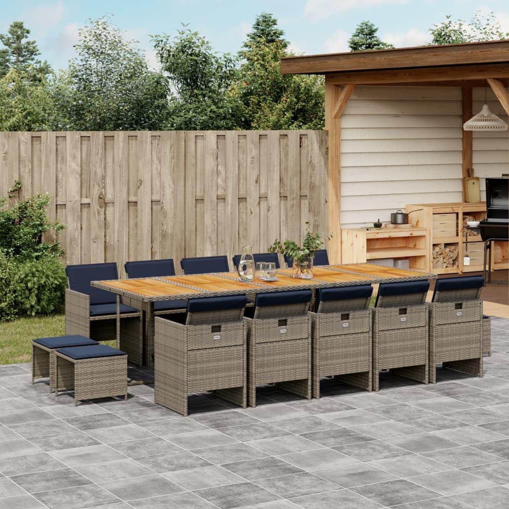 vidaXL - 15-Piece Patio Dining Set with Cushions Gray Poly Rattan and Acacia Wood - Compact, UV-Resistant Garden Furniture for Outdoor, Backyard, and Deck Use