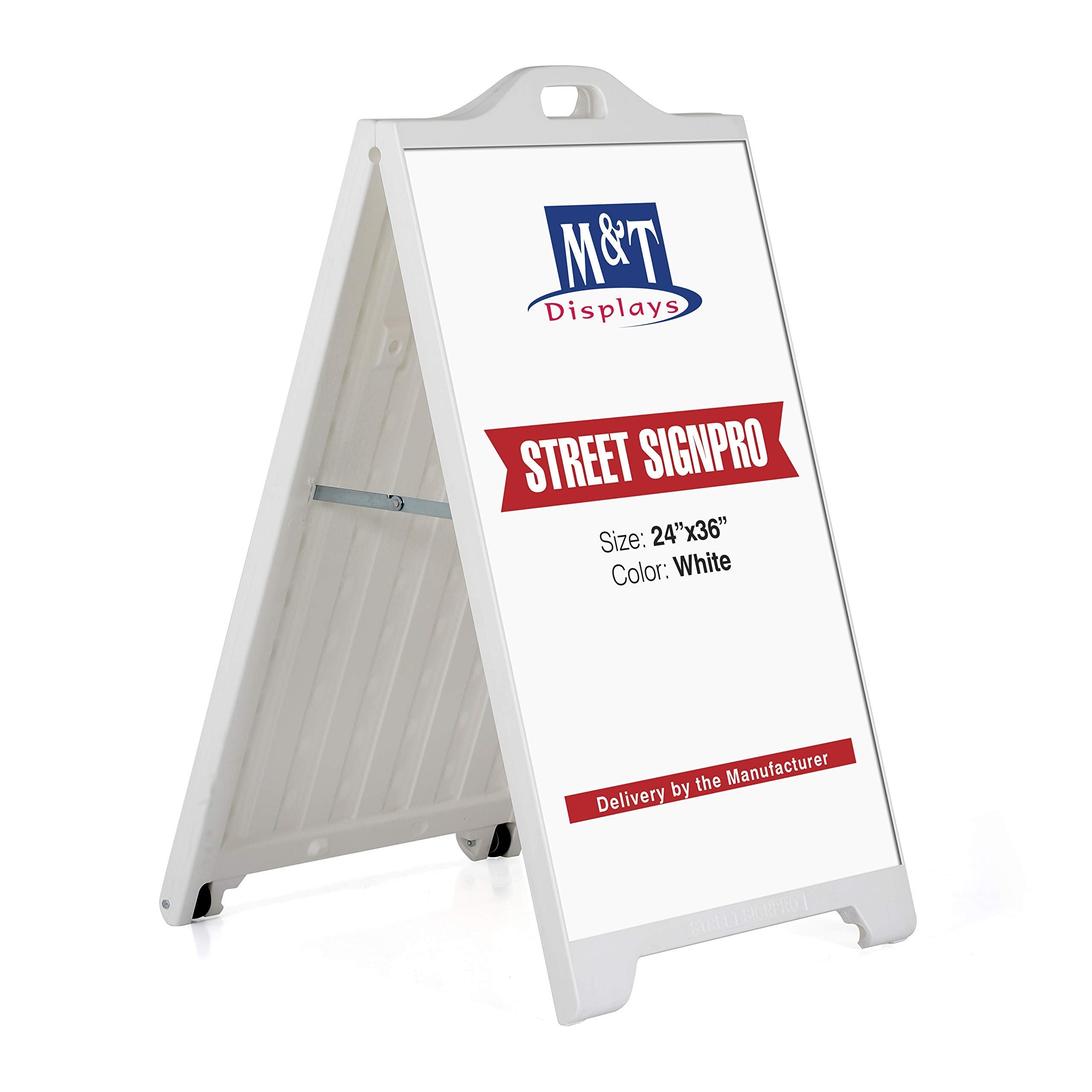 M&T Displays Street Signpro Board, White 24X36 Inch Weatherproof Sandwich Board A-Frame Sidewalk Curb Sign Holder Folding Portab