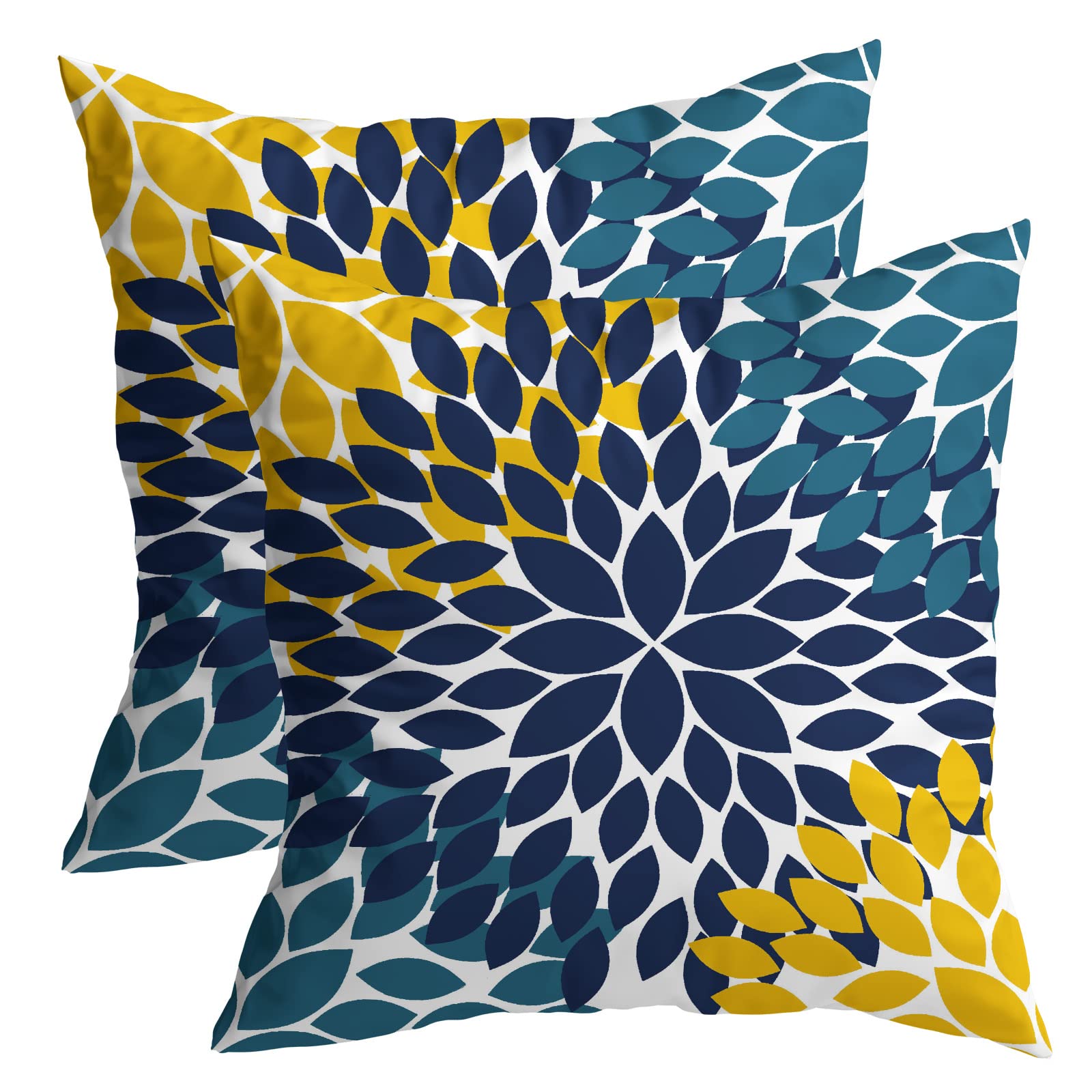 Kawani Navy Blue Yellow Pillow Covers 18X18 Teal Yellow Dahlias Flowers Throw Pillow Modern Farmhouse Rustic Pillow Cases Set Of