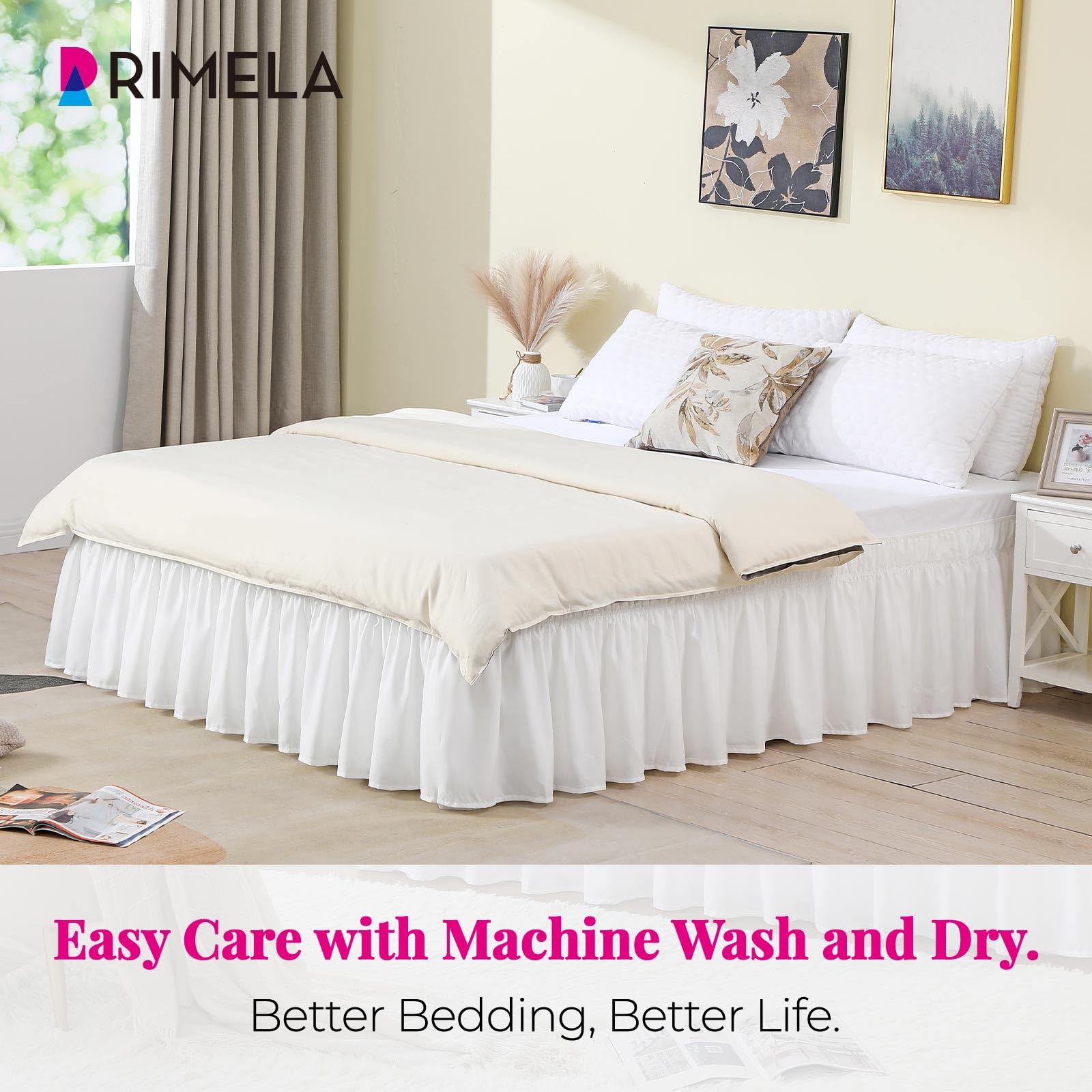 Rimela Bed Skirt Wrap Around Elastic Dust Ruffles Solid Color Wrinkle And Fade Resistant With Adjustable Elastic Belt Easy To In
