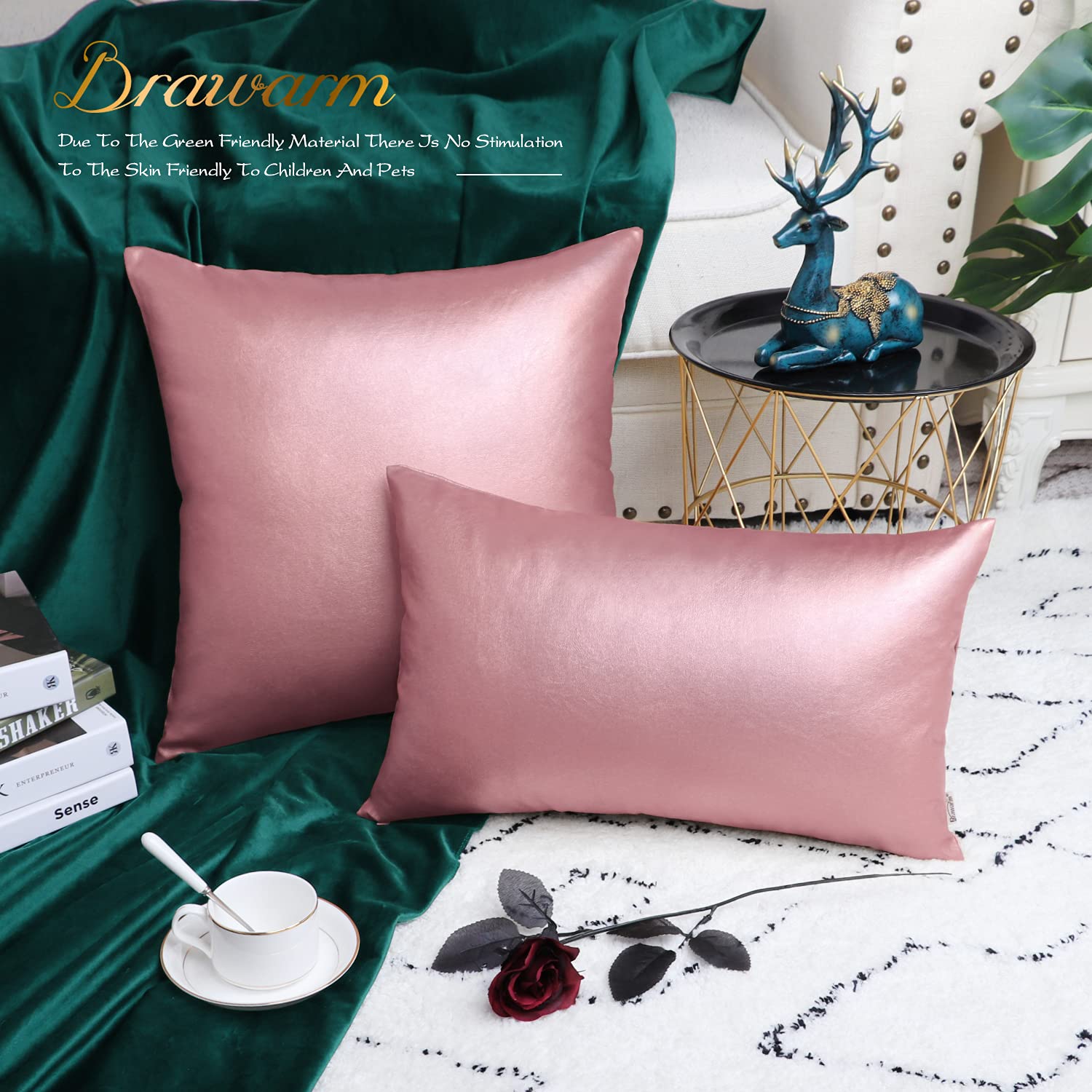 BRAWARM Faux Leather Throw Pillow Cover 16 x 16 Inches Rose Gold Pack of 2