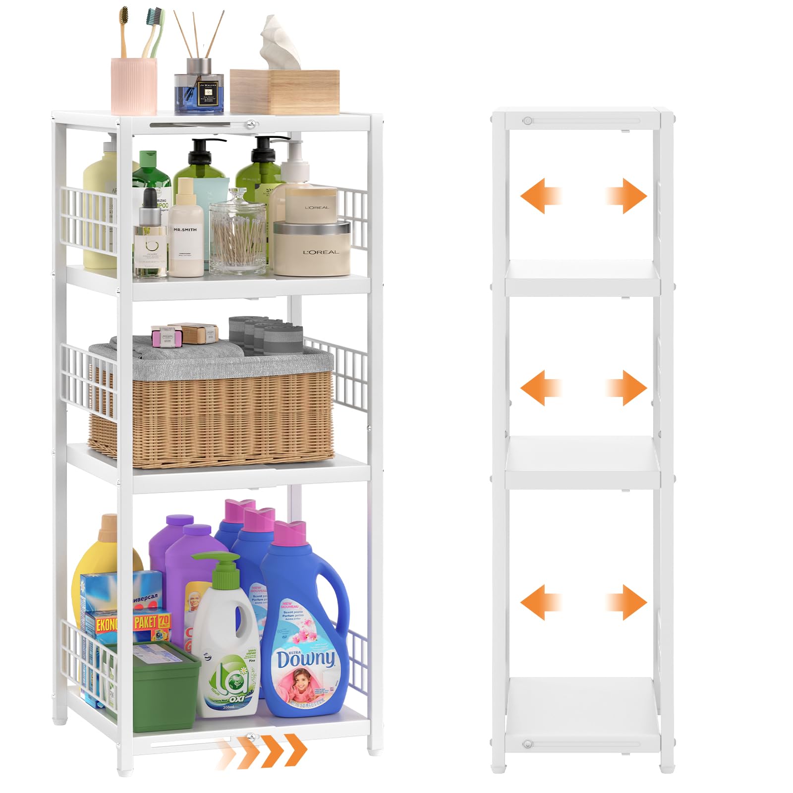 4 Tier Expandable Slim Storage Shelf, Metal Shelving Unit For Bathroom Storage Organizer, Freestanding Narrow Shelf For Small Sp