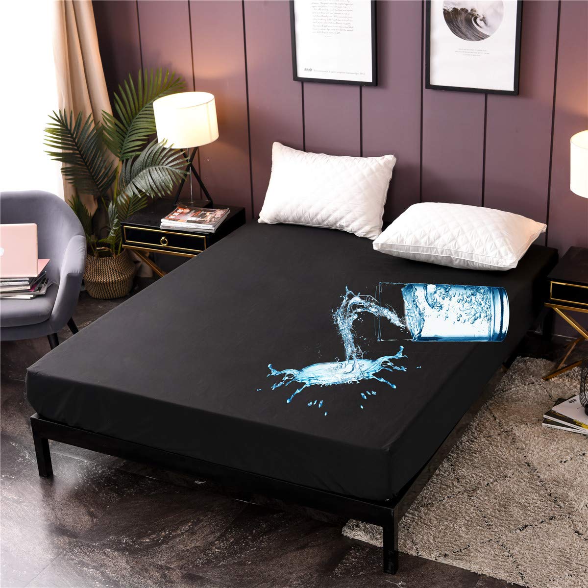 Ntbed Black Waterproof Mattress Protector Cover Queen Size 14 Inches Deep Pocket Polyester Bed Cover Solid Color Fitted Sheet (6