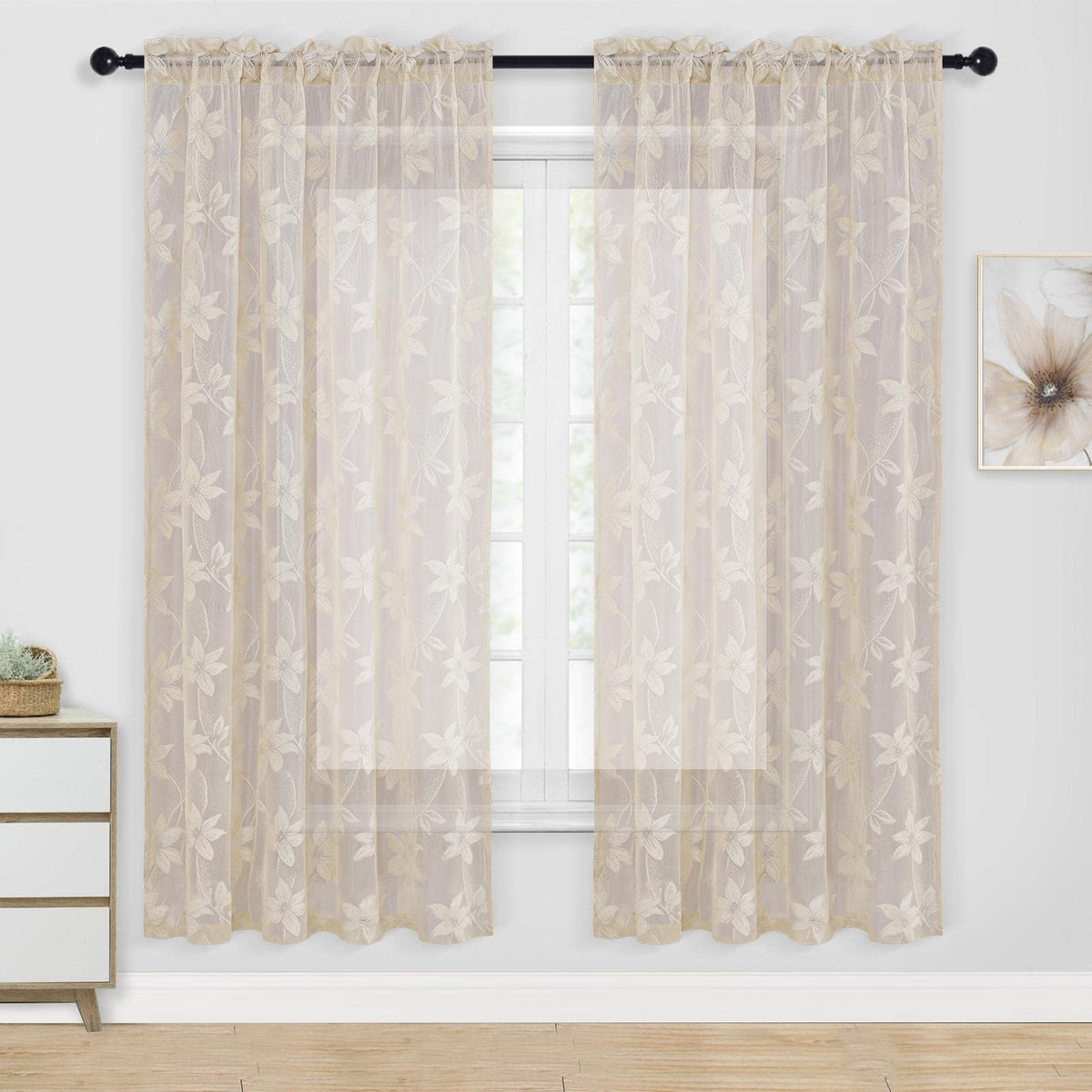 Dwcn Beige Sheer Curtains - 72 Inches Long Elegant Floral Lace Rod Pocket Window Voile Sheer Drapes For Girls Bedroom 52 X 72 In
