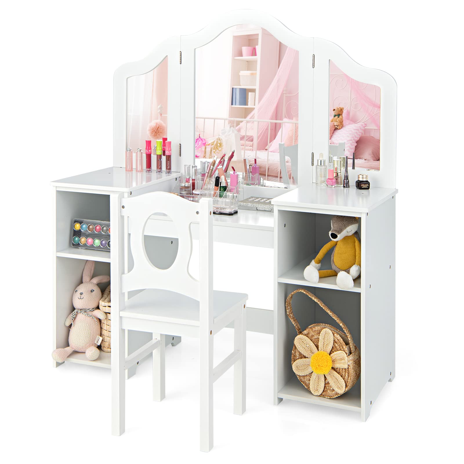INFANS Kids Vanity, 2 in 1 Princess Makeup Desk & Chair Set with Tri-Folding Detachable Mirror, Large Storage Shelves, Wooden Pr