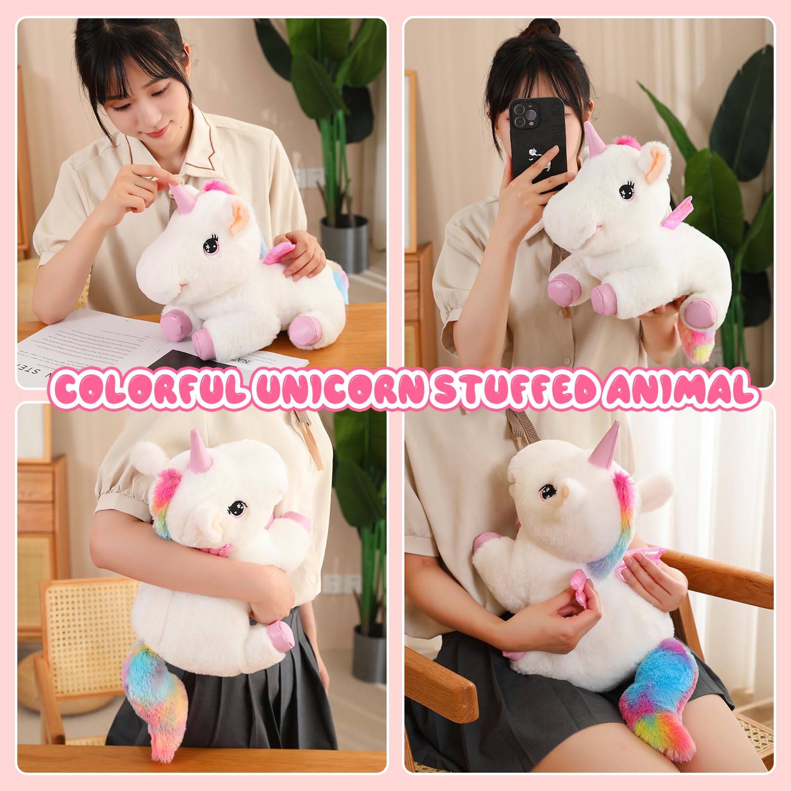 Sqeqe Cute Unicorn Stuffed Animals With 4 Babies In Her Tummy, Rainbow Flying Unicorn Plush Pillow Toy With Wings, Unicorn Gifts