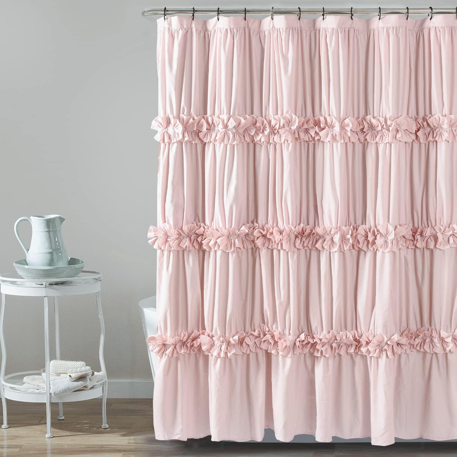 Homechoice Decor Peach Ruffle Shower Curtain, Vintage Handcrafted Bow Tie Bath Curtain For Master Bathroom, Ruched Microfiber Ba
