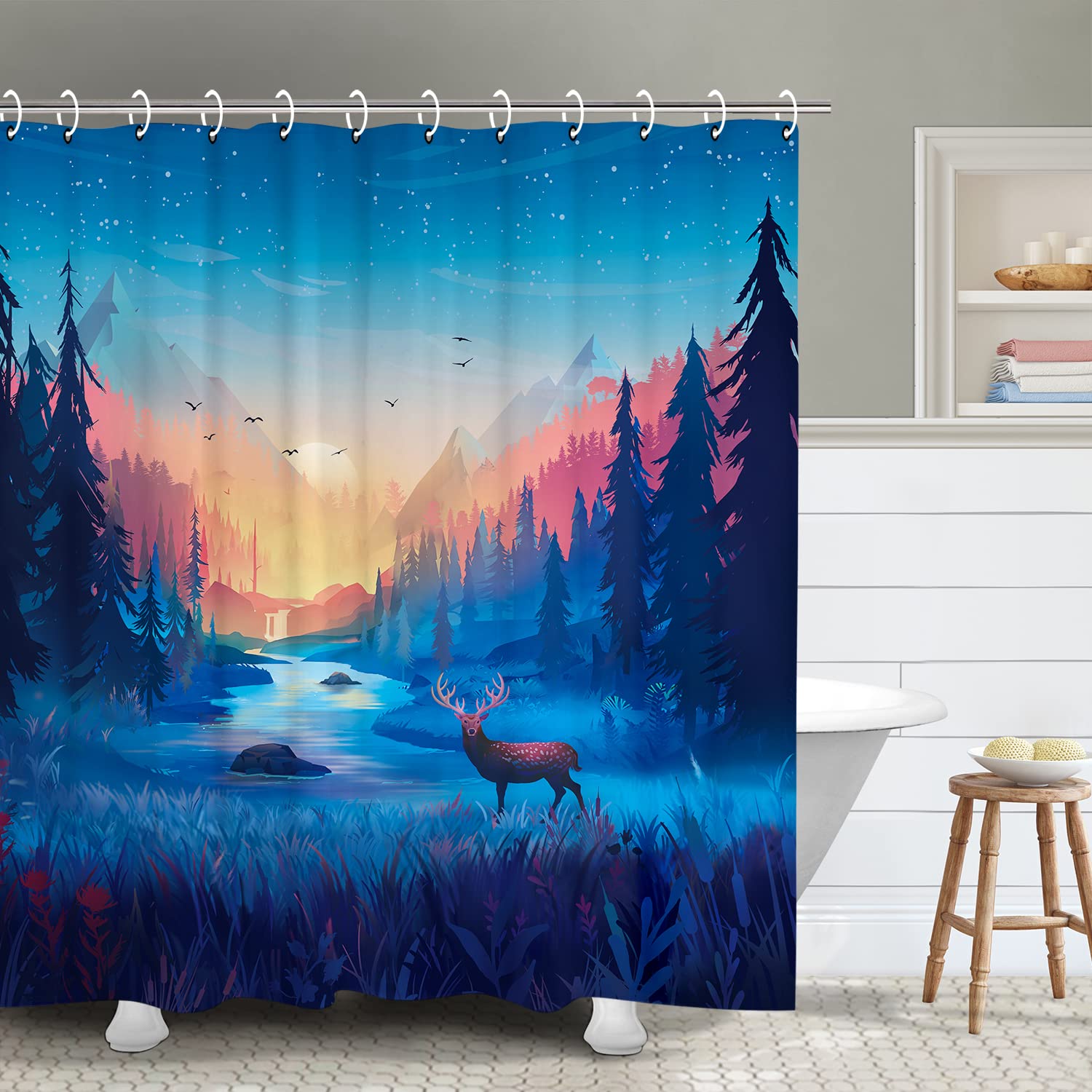 RosieLily Forest Shower Curtain, Nature Shower Curtains Set with 12 Hooks, Deer Shower Curtain, Sunset Bathroom Decor, 72x72
