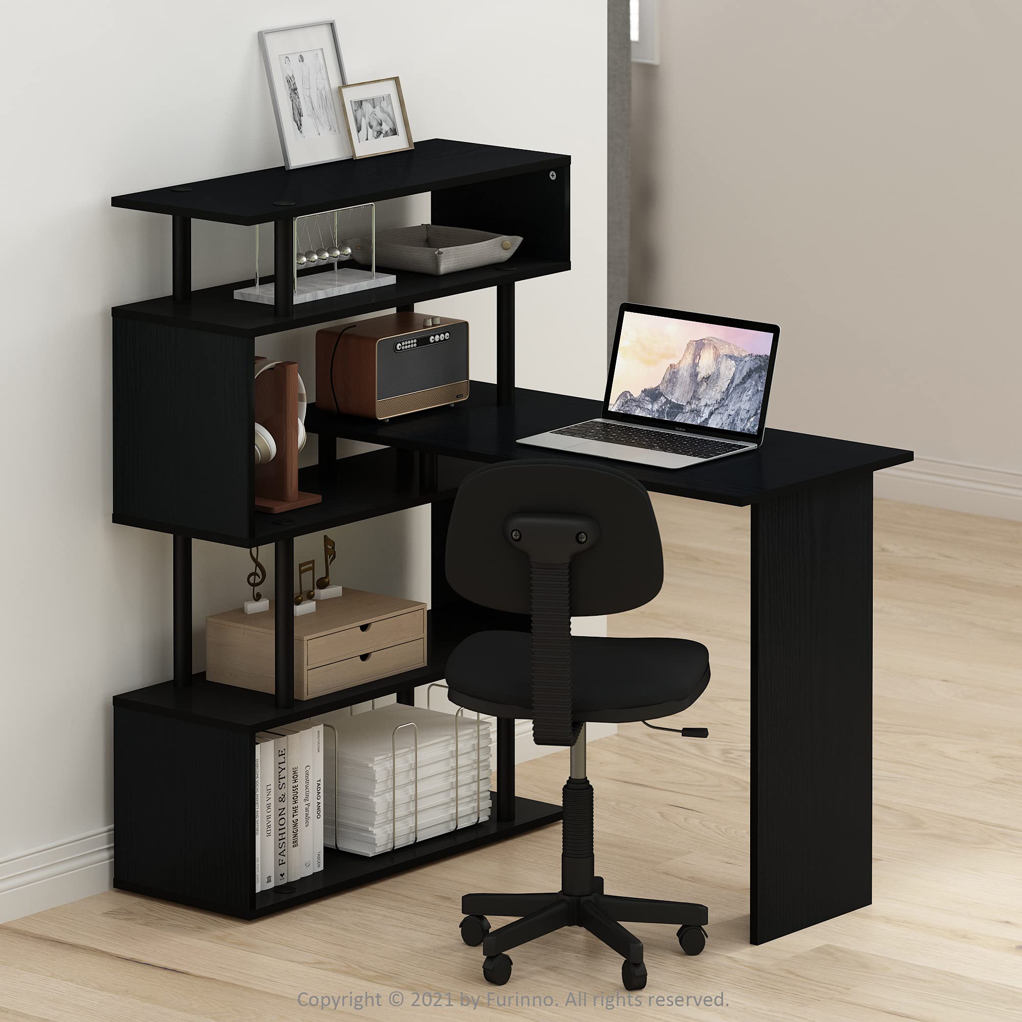 Furinno Moore L-Shape Computer Desk with 5-Tier Shelves, Americano