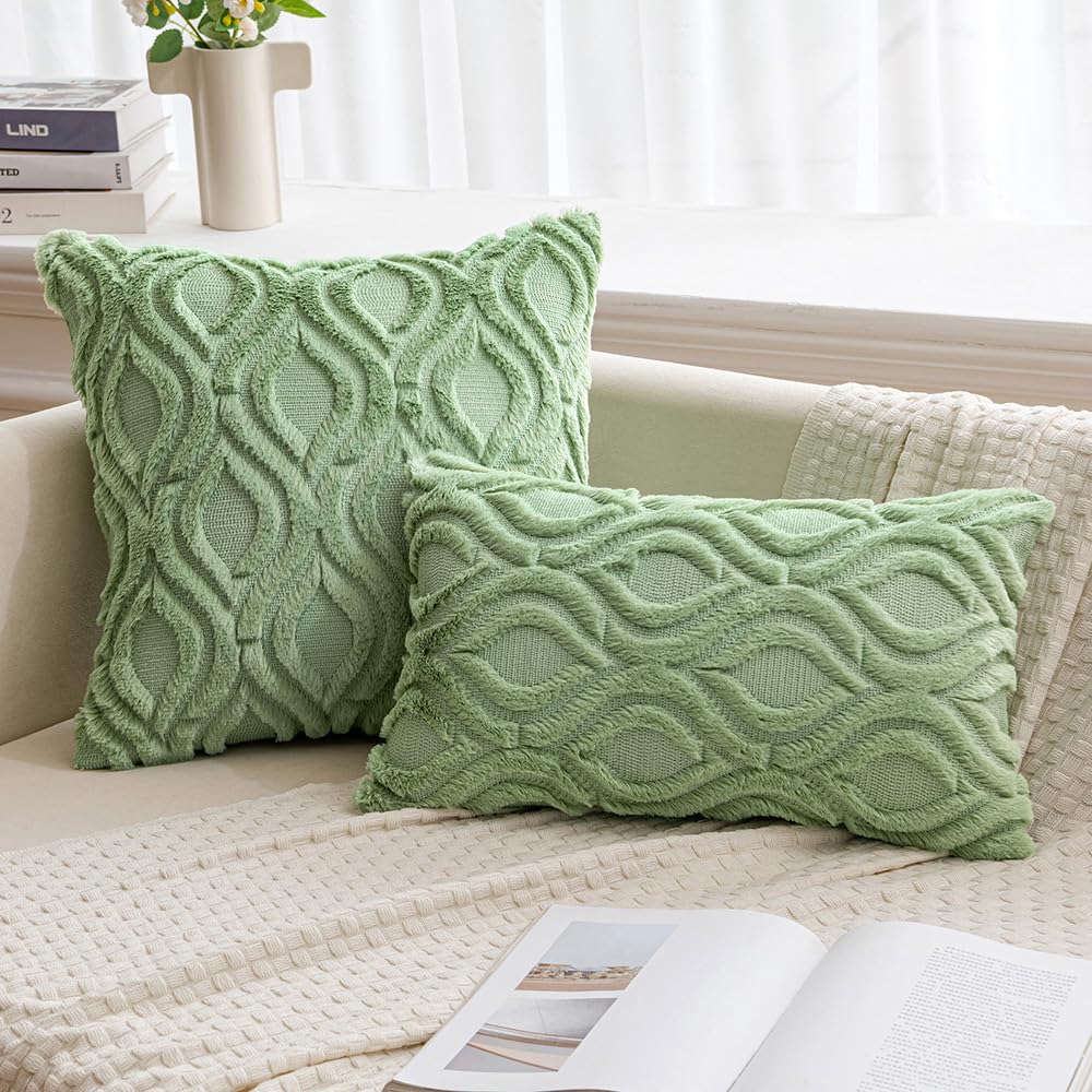 Miulee Sage Green Throw Pillow Covers 20X20 Inch, Soft Spring Plush Faux Wool Couch Pillow Covers Set Of 2 Decorative Farmhouse Boho Throw Pillows For Sofa Living Room Bed