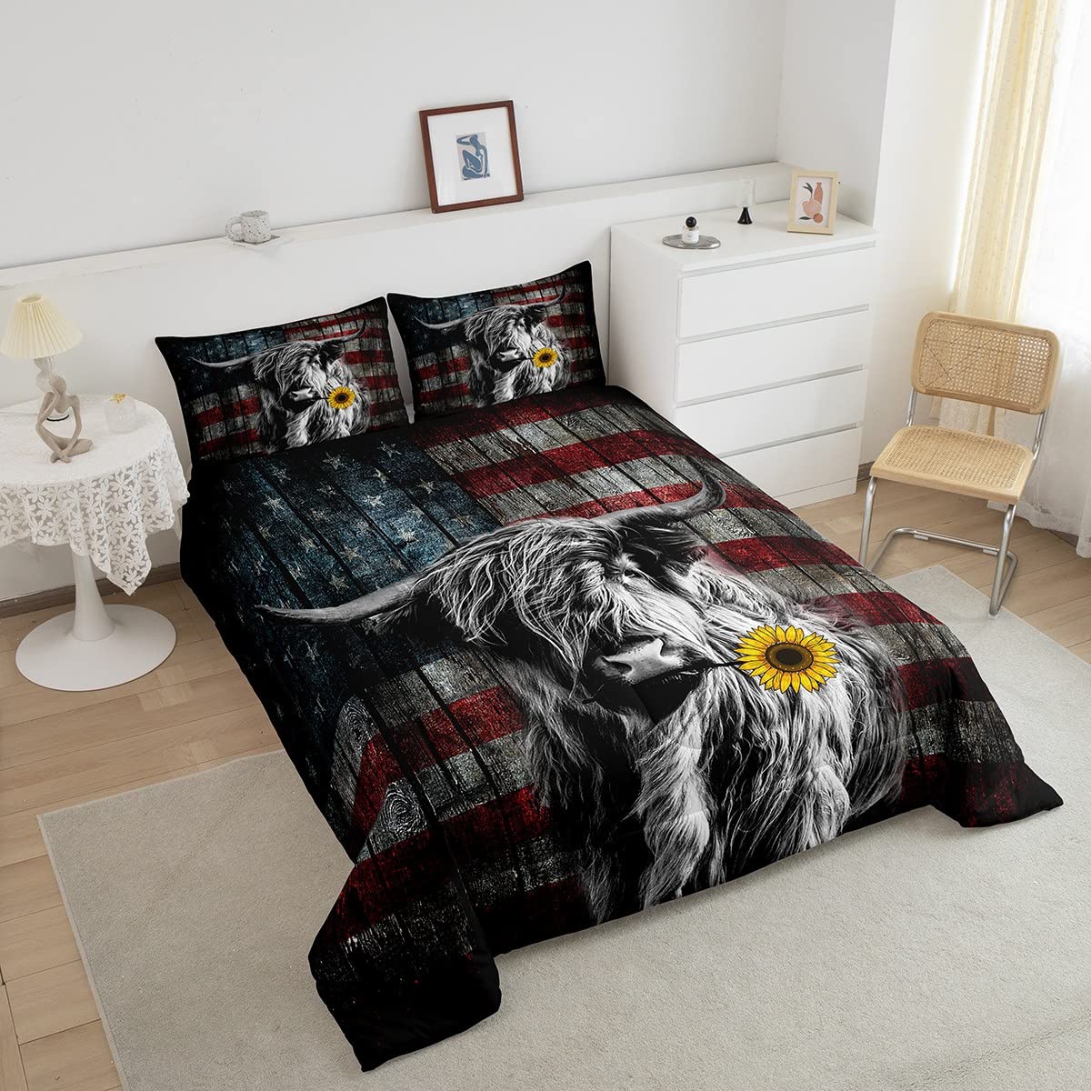 Feelyou Highland Cattle Bedding Set Sunflower Highland Cow Comforter Set For Kids Boys Girls America Flag Bull Comforter Animal
