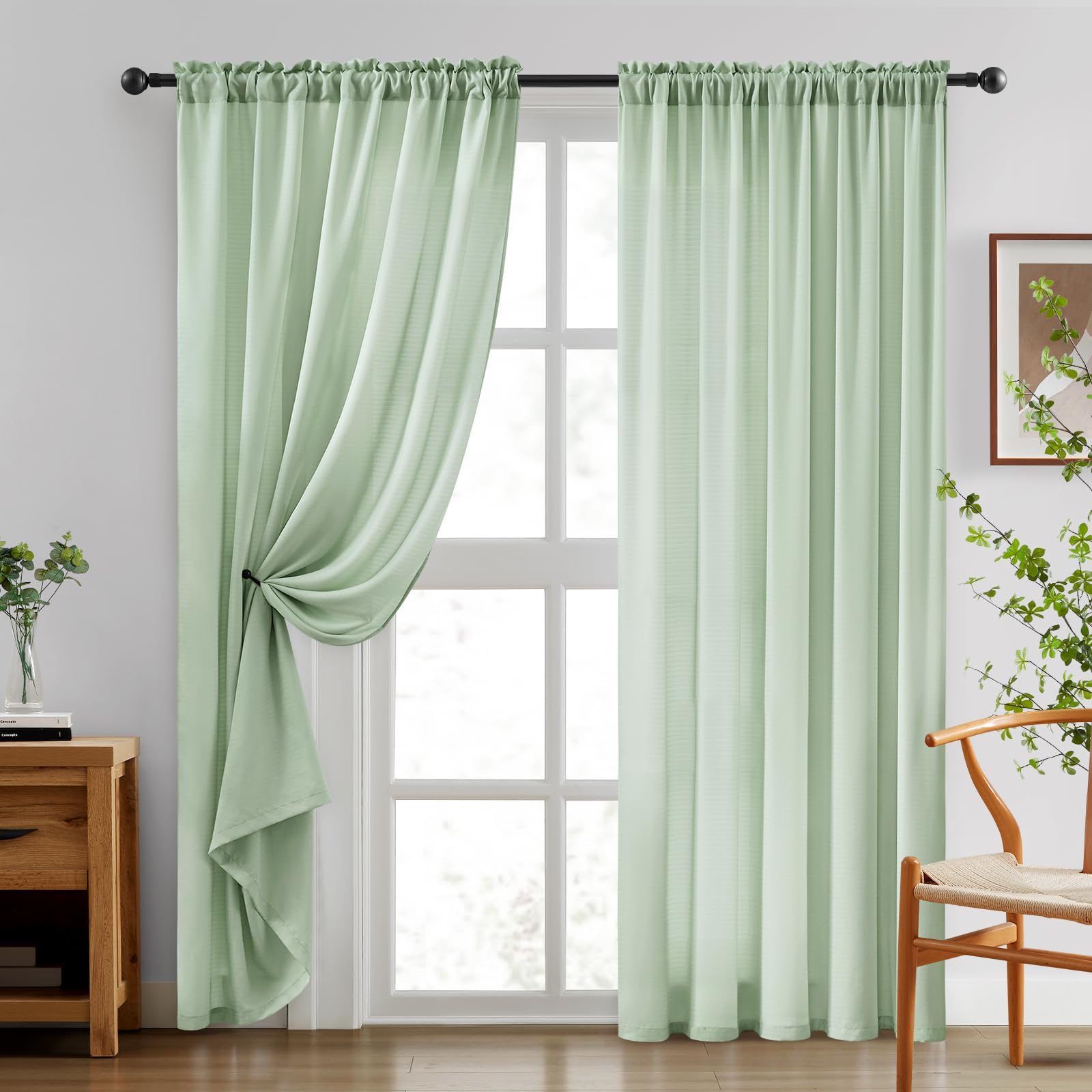 Homeideas Non-See-Through Sage Green Privacy Sheer Curtains 52 X 96 Inches Long 2 Panels Set, Fish Bone Pattern Semi Sheer Curta