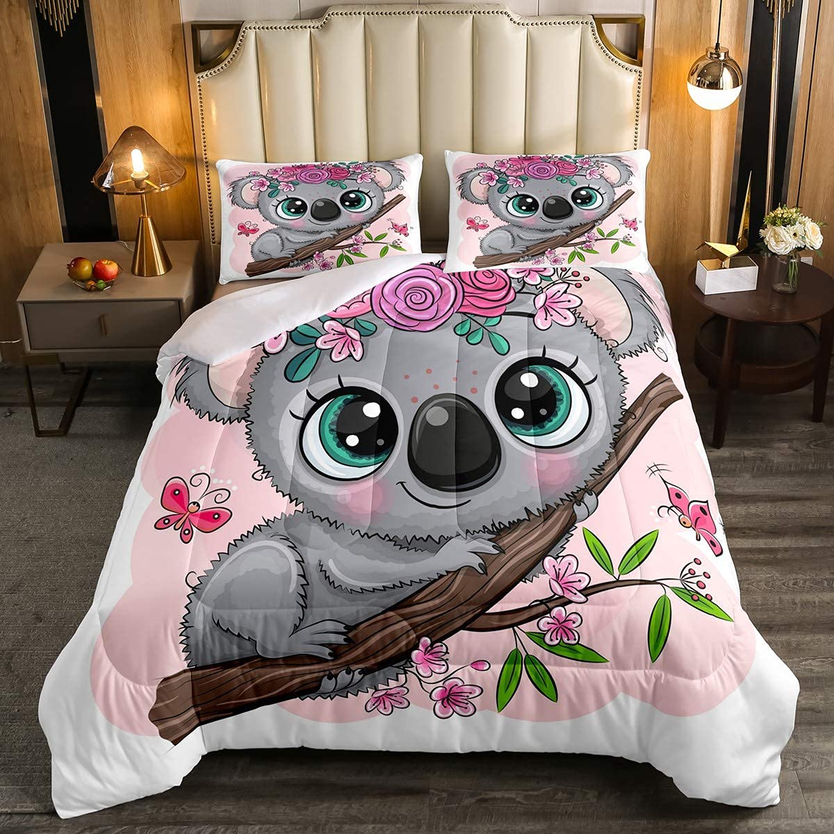 Erosebridal Cartoon Koala Comforter Set Twin Size, Cute Koala Bedding Set, Cherry Blossom Rose Quilted Duvet For Kids Baby Toddl