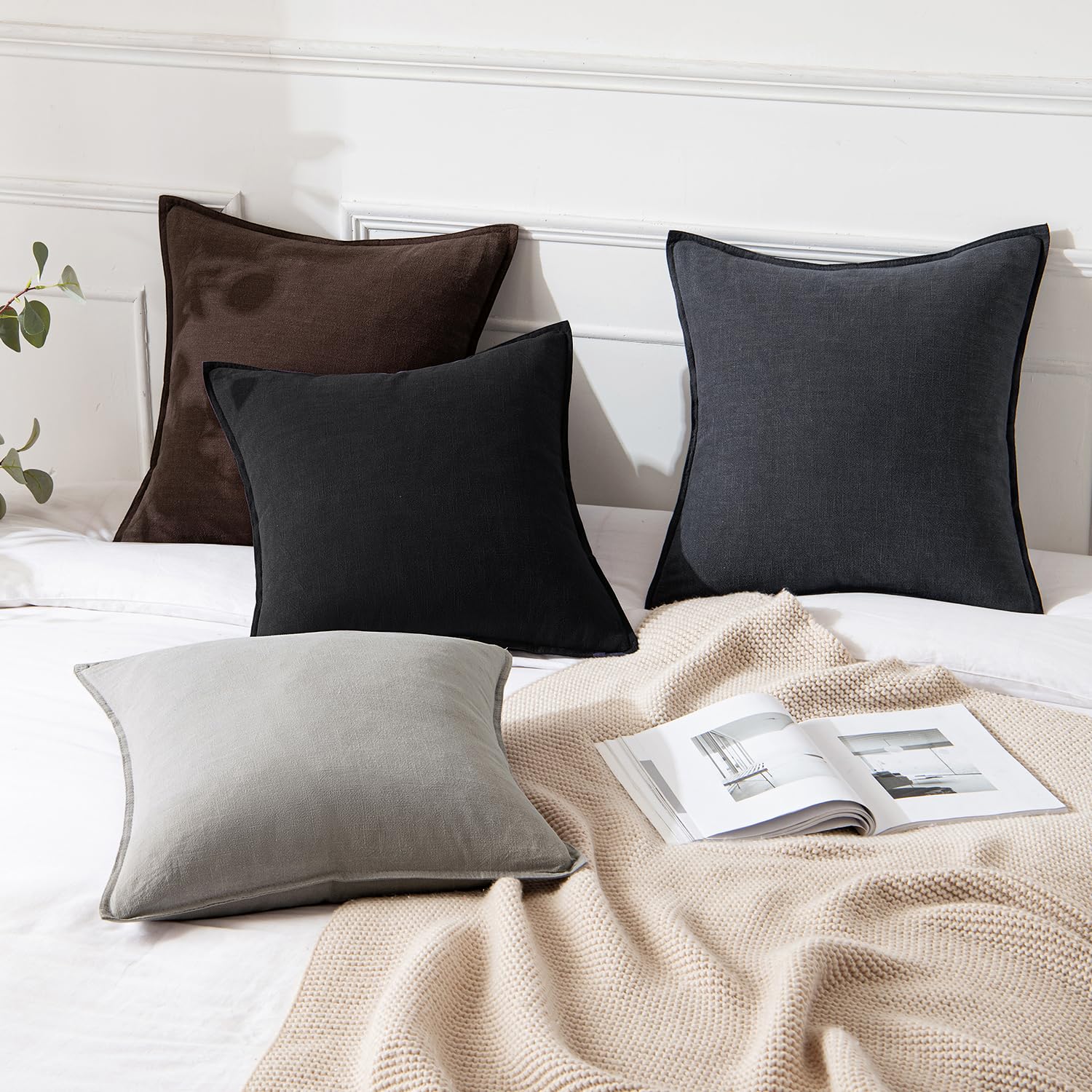 Miulee Linen Pillow Covers 24X24 Inch Dark Gray ?Decorative Boho Farmhouse? ?Neutral Throw Pillows Pack Of 2 Soft Accent Couch Pillowcases Spring Modern Home Decor For Sofa Cushion Livingroom Bed