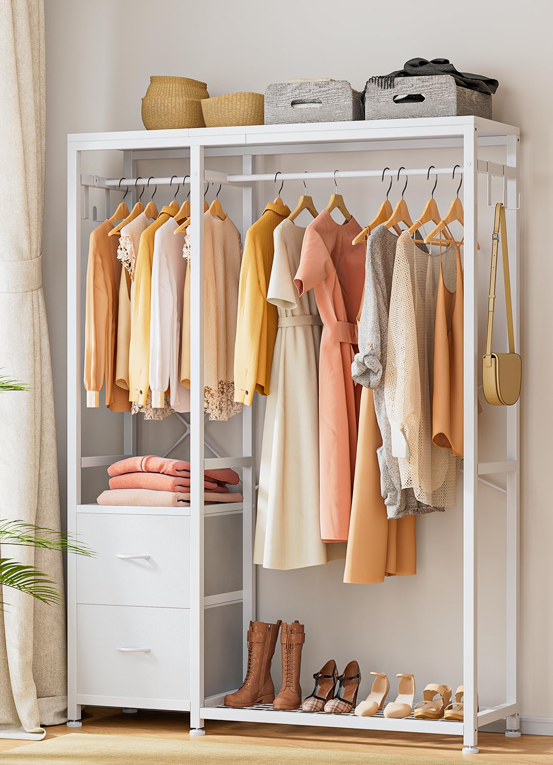Lulive Clothes Rack, Heavy Duty Garment Rack for Hanging Clothes, Industrial Clothing Racks with Shelves, 2 Fabric Drawers, 4 Ho