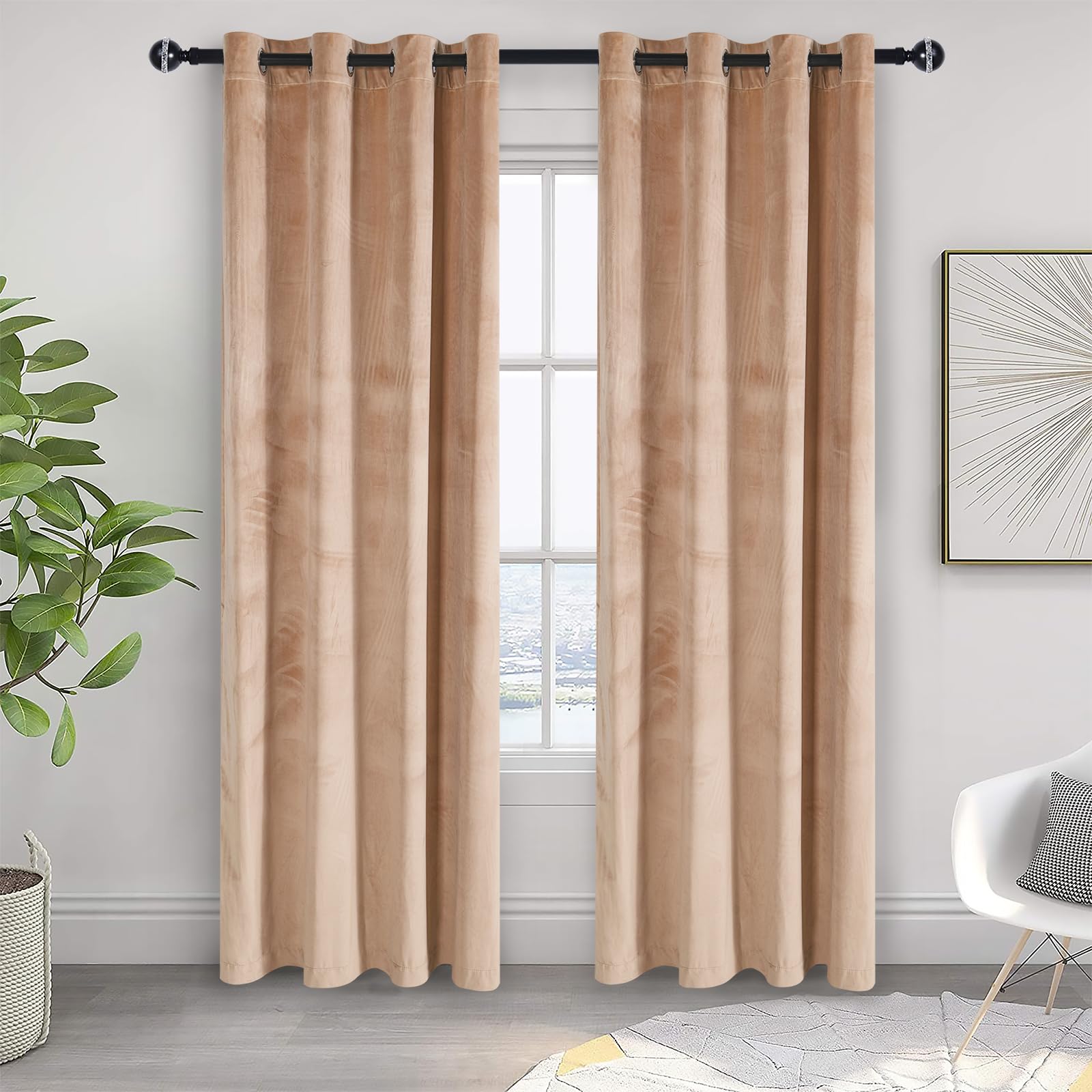 Jiuzhen Blush Beige Velvet Curtains 84 Inches Soundproof Curtains For Living Room - Privacy Protect Room Darkening Grommet Thick