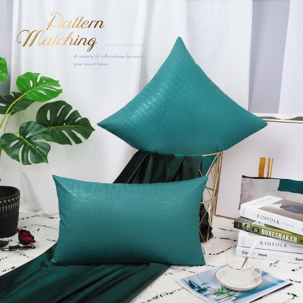 Brawarm Faux Leather Pillow Covers 12 X 20 Inches, Teal Leather Pillow Covers Pack Of 2, Crocodile Leather Decorative Lumbar Thr