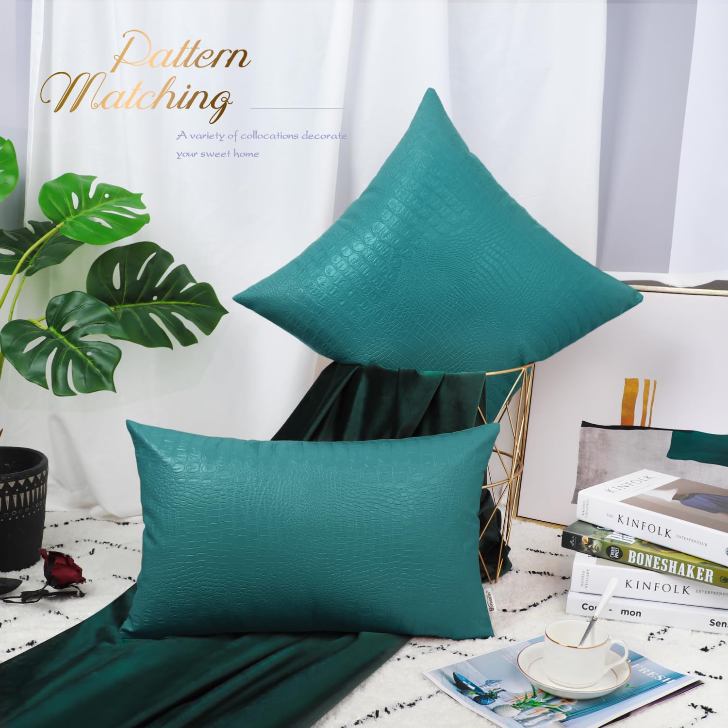 Brawarm Faux Leather Pillow Covers 12 X 20 Inches, Teal Leather Pillow Covers Pack Of 2, Crocodile Leather Decorative Lumbar Thr