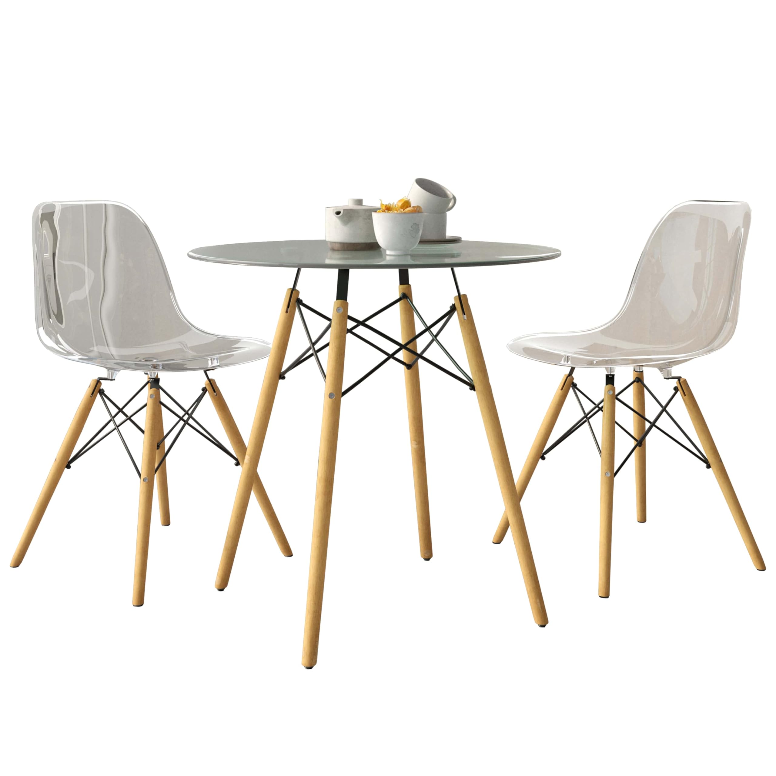 Dover 3-Piece Dining Set with Round Clear Glass Top Bistro Table and 2 Chairs