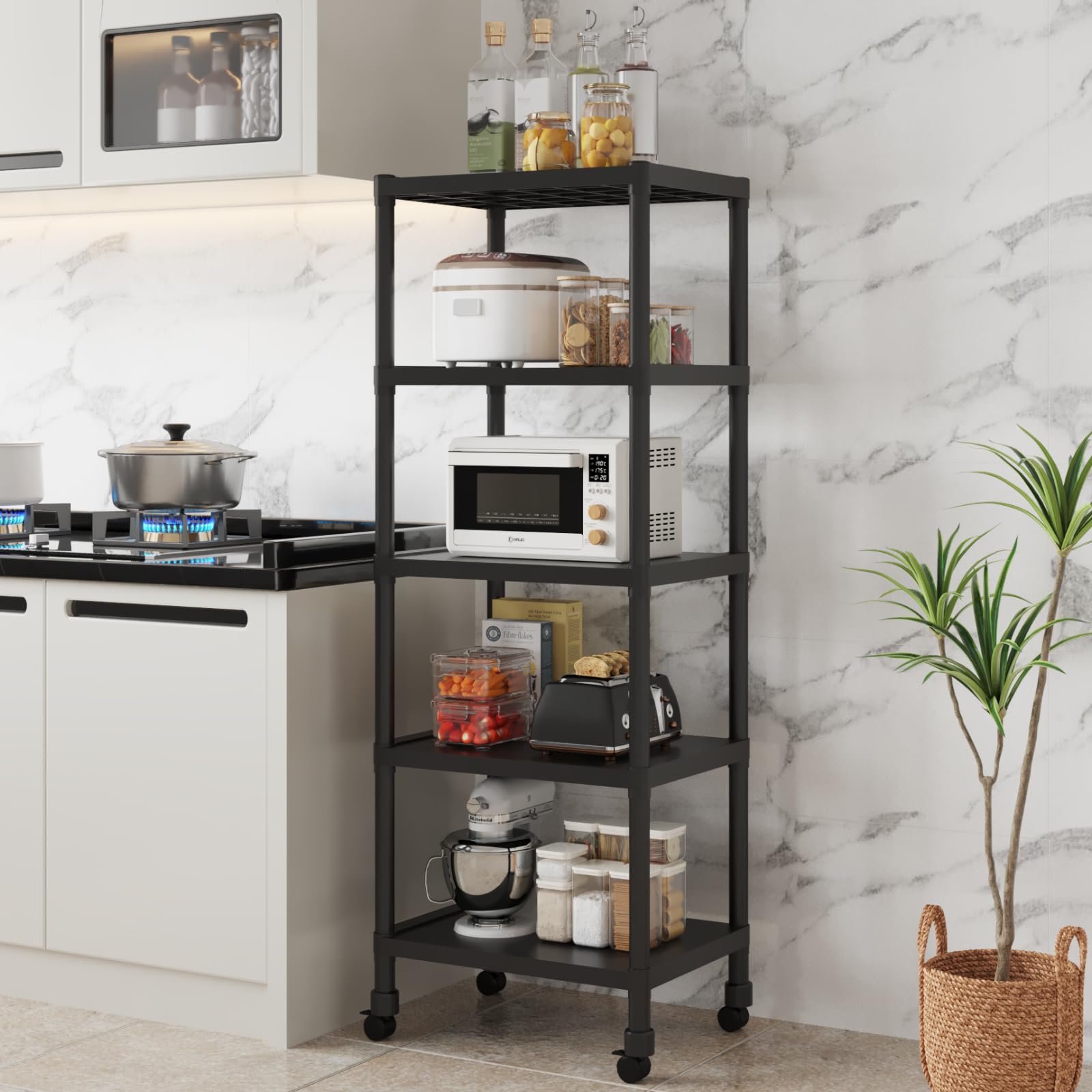 Amazon Brand  Umi 5 Tier Standing Sorage Shelf Units With Wheels, Kitchen Organizer Rack, Microwave Stand, BakerS Rack, Booksh