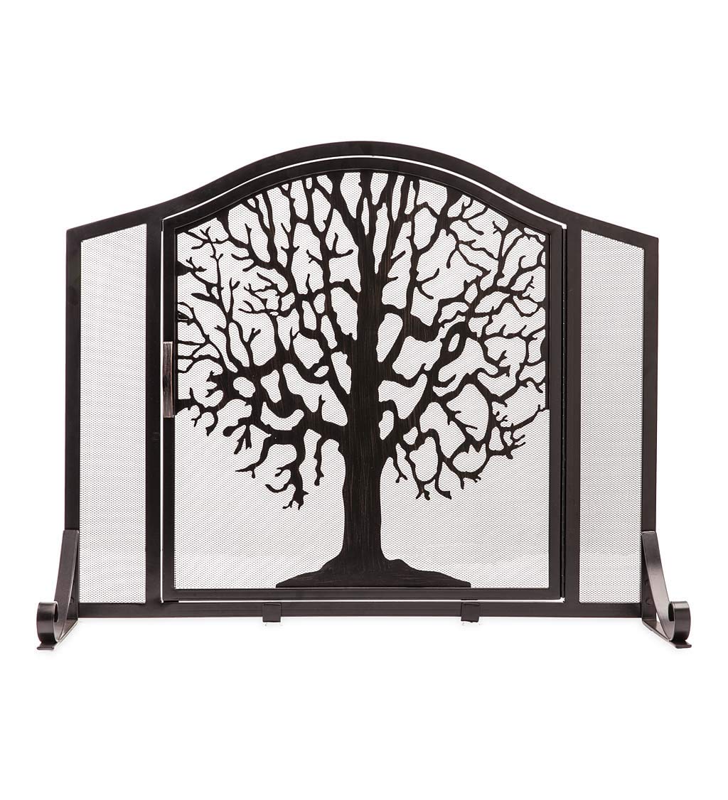 Plow & Hearth Metal Fireplace Screen Tree of Life Black | 44 W x 33 H | Flatguard | Spark Guard Grate | Iron Fire Place Cover | 