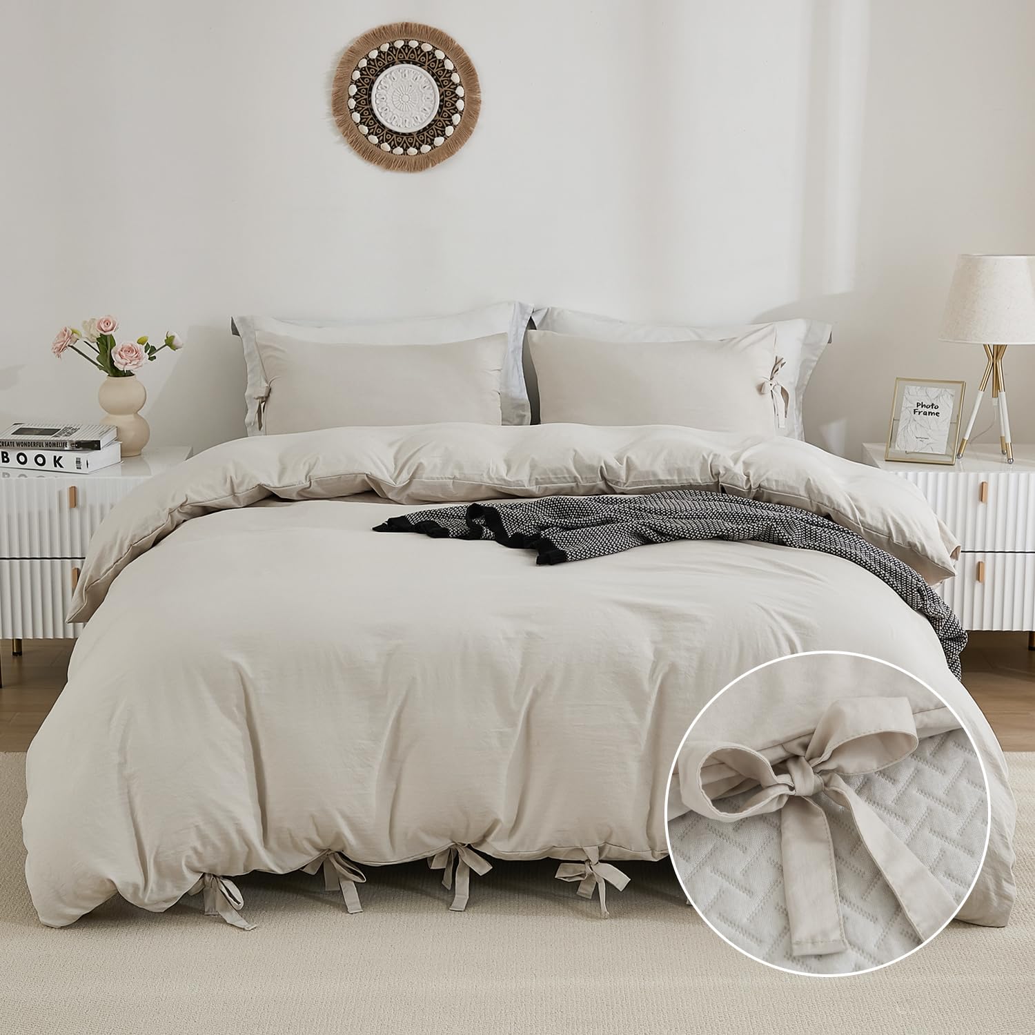 Annadaif Duvet Cover King Beige (104X90 Inch), 3 Pieces (1 Duvet Cover, 2 Pillowcases) Soft Washed Microfiber Bow Tie Bowknot Du