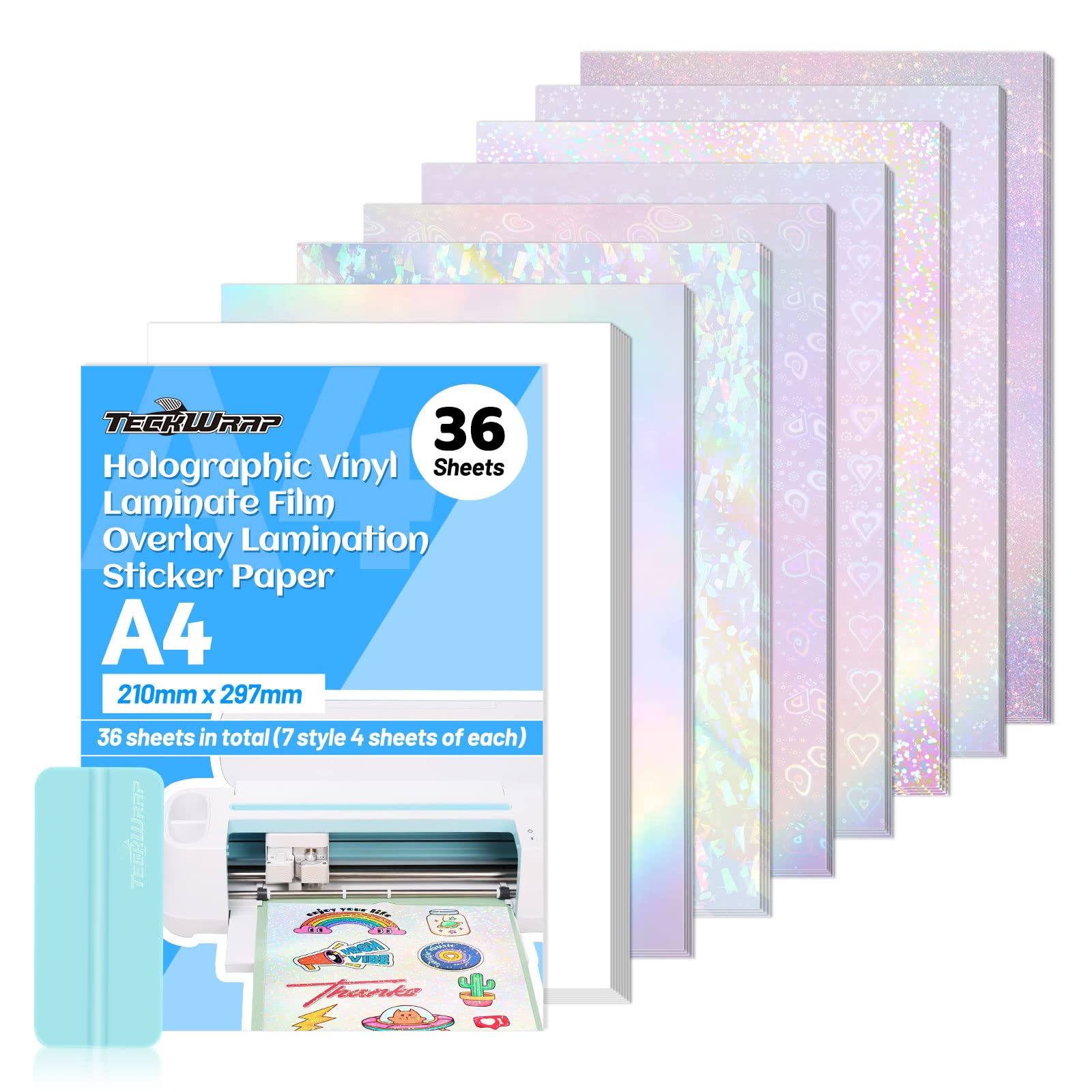 Teckwrap Holographic Sticker Paper Clear Overlay Lamination Vinyl Matte White Inkjet Printable Vinyl 8.26' X 11.69' A4 Size 36