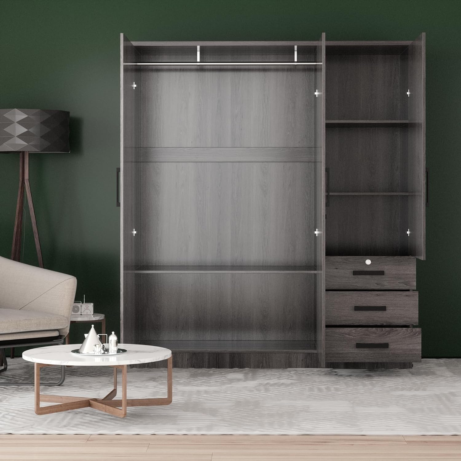 Violet Wardrobe Closet 3 Doors and 3 Drawers (Grey)
