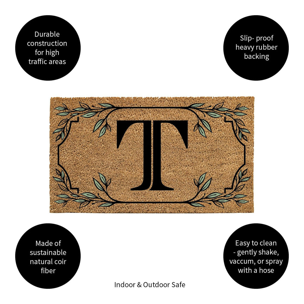 Evergreen Monogram Coir Doormat | Letter T | Front Door Mat For Outdoor Indoor Entrance | 28X16 Inches | Non-Slip Backing Doorwa