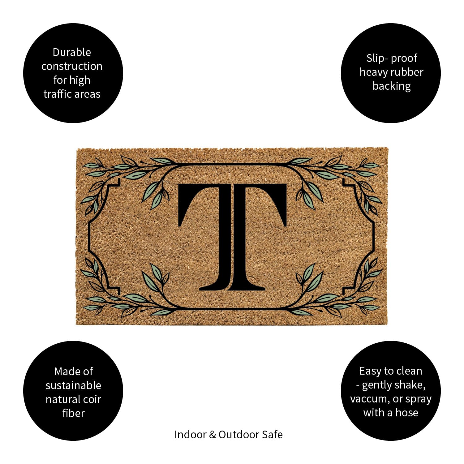Evergreen Monogram Coir Doormat | Letter T | Front Door Mat For Outdoor Indoor Entrance | 28X16 Inches | Non-Slip Backing Doorwa