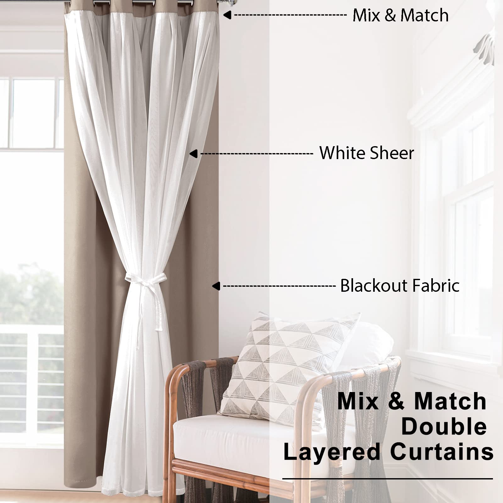 Hiasan Camel Blackout Curtains With Sheer Overlay, Grommet Thermal Insulated Privacy Mix & Match Double Layer Room Darkneing Cur