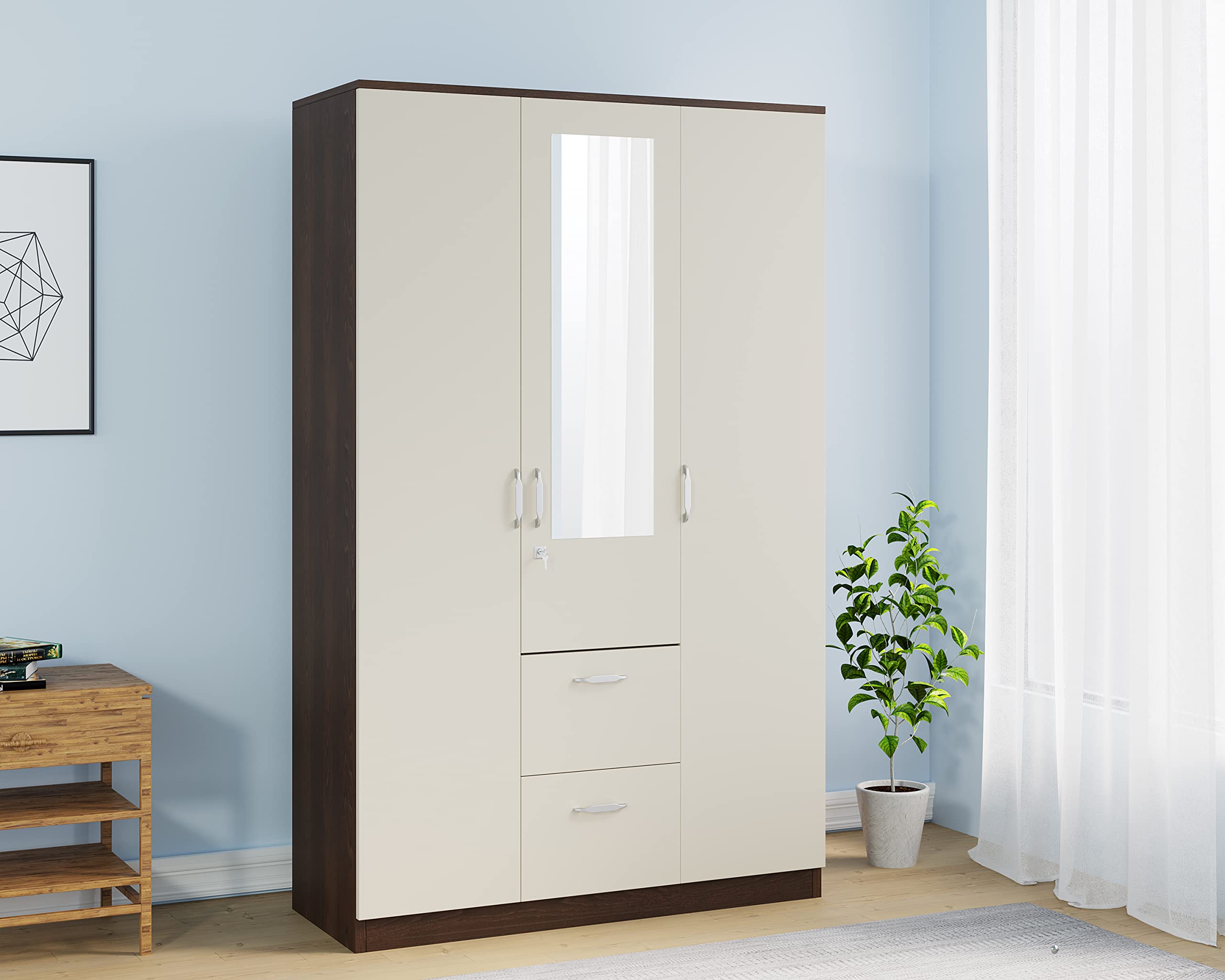 Nilkamal Mozart 3 Door Wooden Wardrobe With Mirror For Bedroom | Almirah With Hanging Rod, 8 Shelves, 3 Drawers | Clothes Cupboa