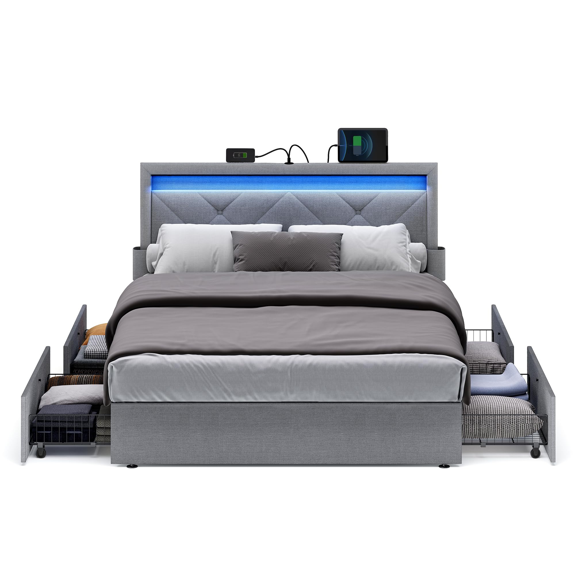 VASAGLE LED Bed Frame Full Size, 37.1/39.6 Inches, with Headboard and 4 Drawers, 1 USB Port and 1 Type C Port, Adjustable Uphols