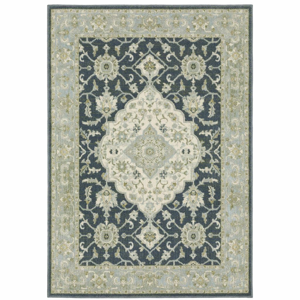 HomeRoots 508455 10 x 13 ft. Teal Blue Ivory Green & Gray Oriental Power Loom Stain Resistant Rectangle Area Rug