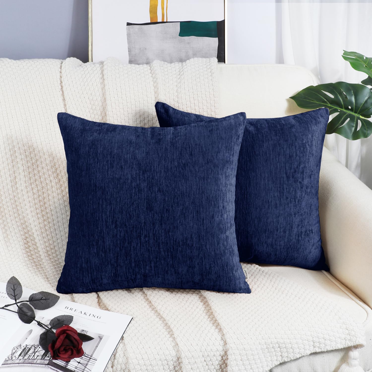 Brawarm Chenille Throw Pillow Covers 22X22 Inches - Navy Blue Chenille Pillow Covers Pack Of 2, Solid Dyed Soft Chenille Pillow