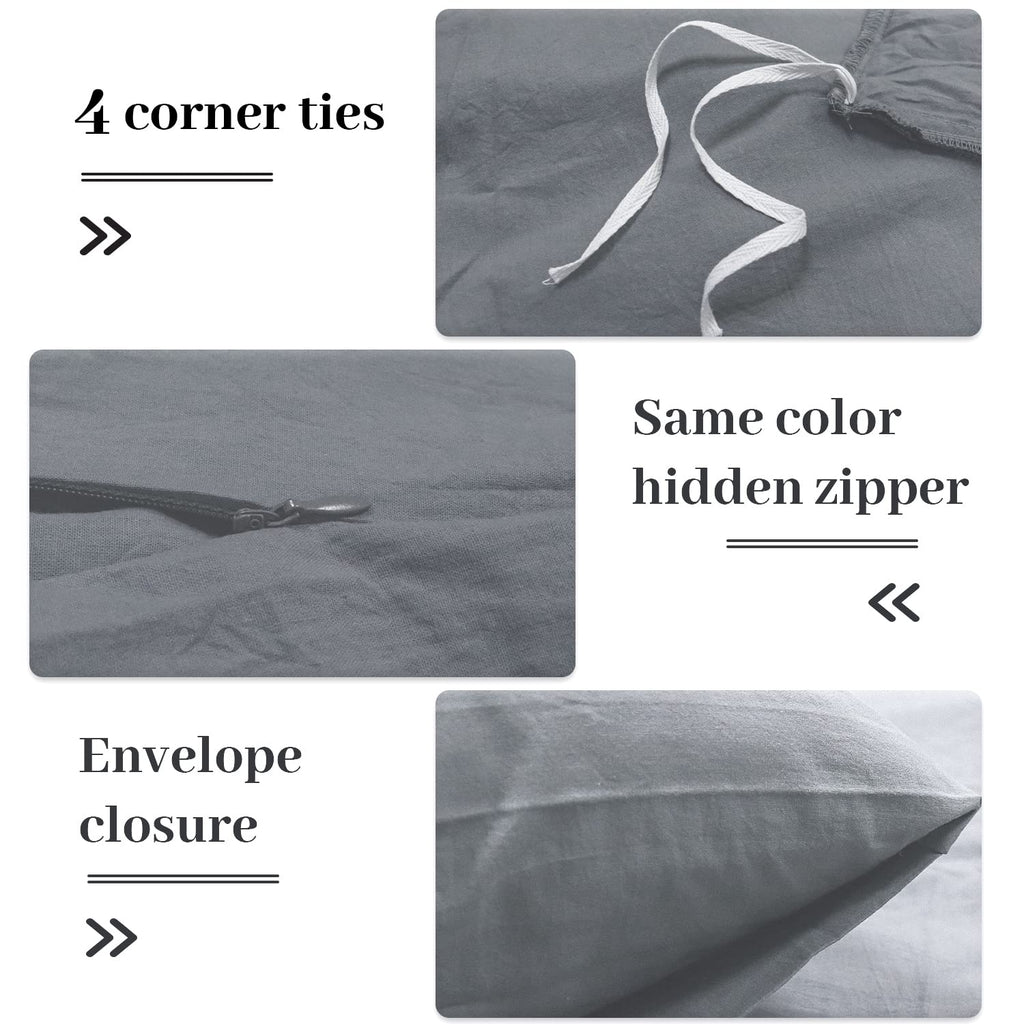 Nexhome Pro Cotton Duvet Cover Oversized Queen 92'X98' Linen Look Textured Organic Natural 100% Washed Cotton Duvet Cover 3 Pieces Bedding Set Zipper Closure, Breathable, Soft, Grey (No Comforter)