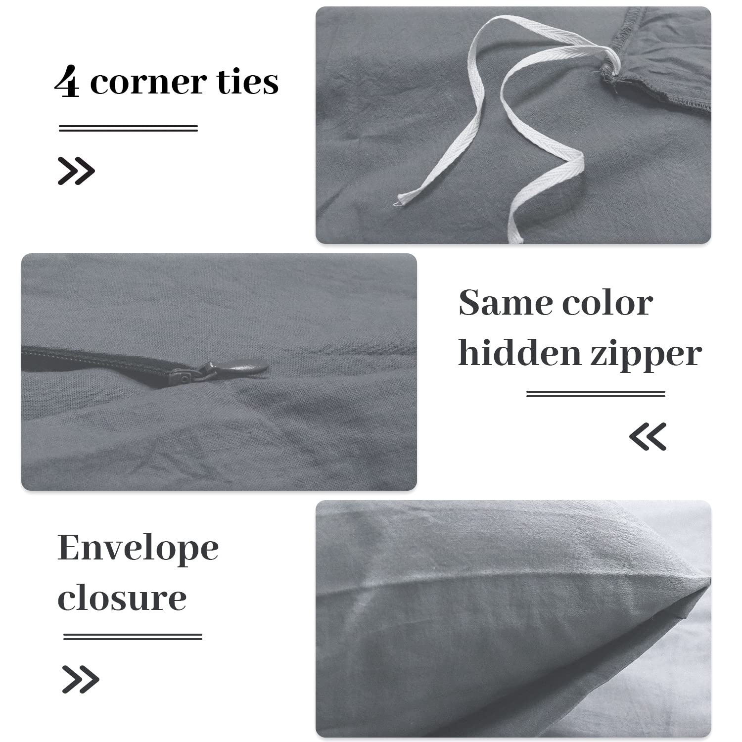 Nexhome Pro Cotton Duvet Cover Oversized Queen 92'X98' Linen Look Textured Organic Natural 100% Washed Cotton Duvet Cover 3 Pieces Bedding Set Zipper Closure, Breathable, Soft, Grey (No Comforter)