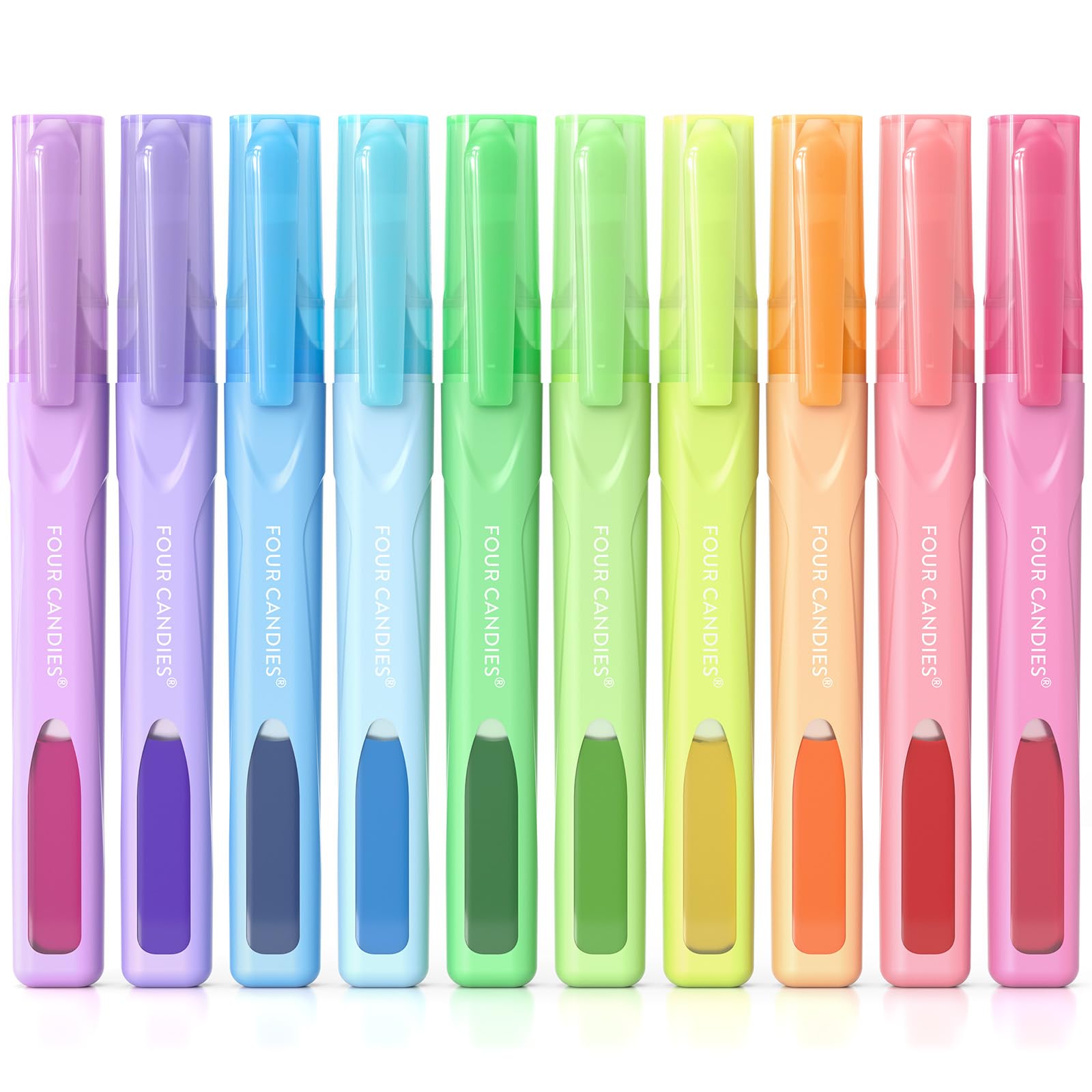 Four Candies Cute Pastel Highlighters, 10 Pcs Highlighters Assorted Colors, Soft Chisel Tip, Clear Ink View, Aesthetic Highlight