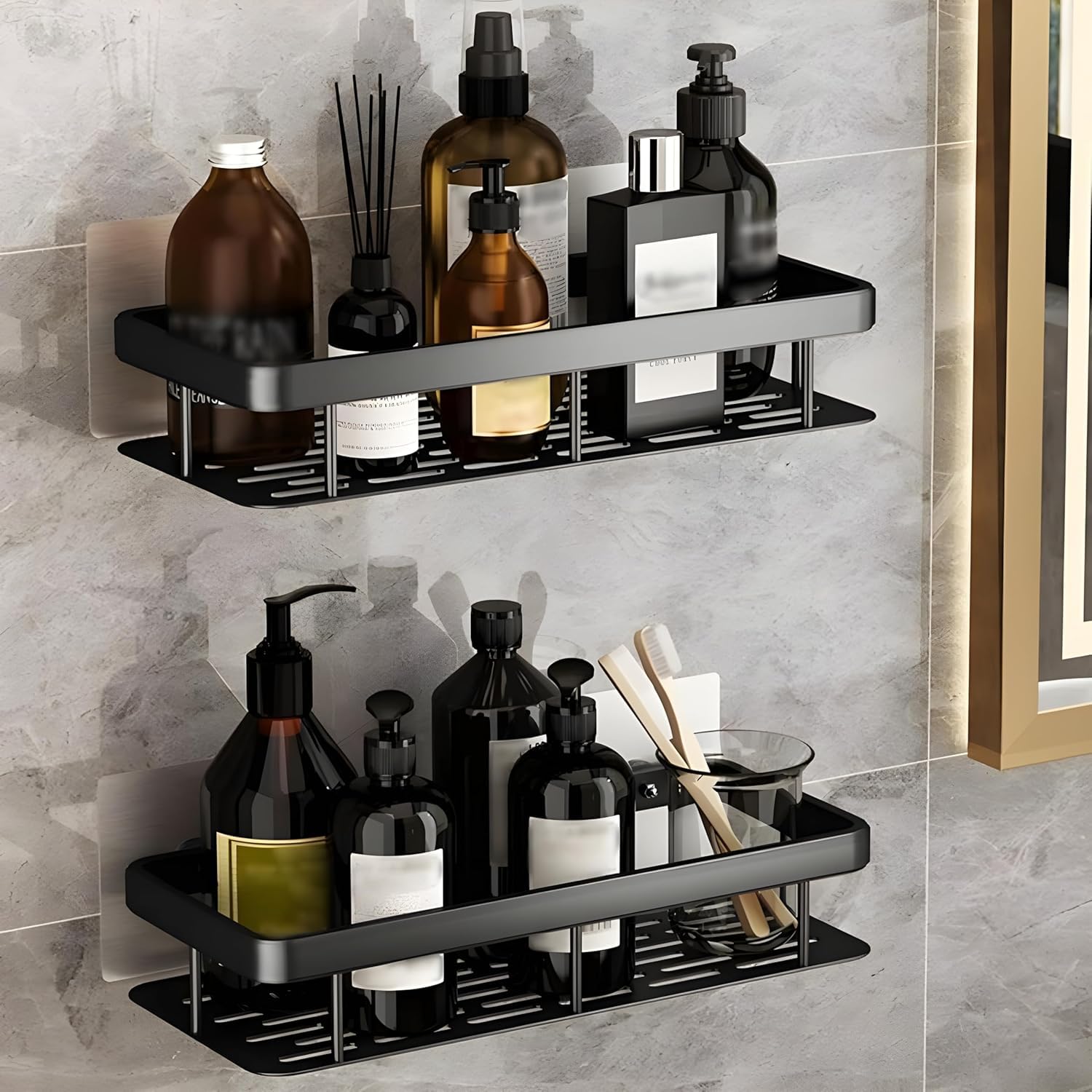 P Seven Matte Black Bathroom Wall Shelf Set With Adhesive Mount, Stainless Steel Shower Storage Racks (Set Of 3)