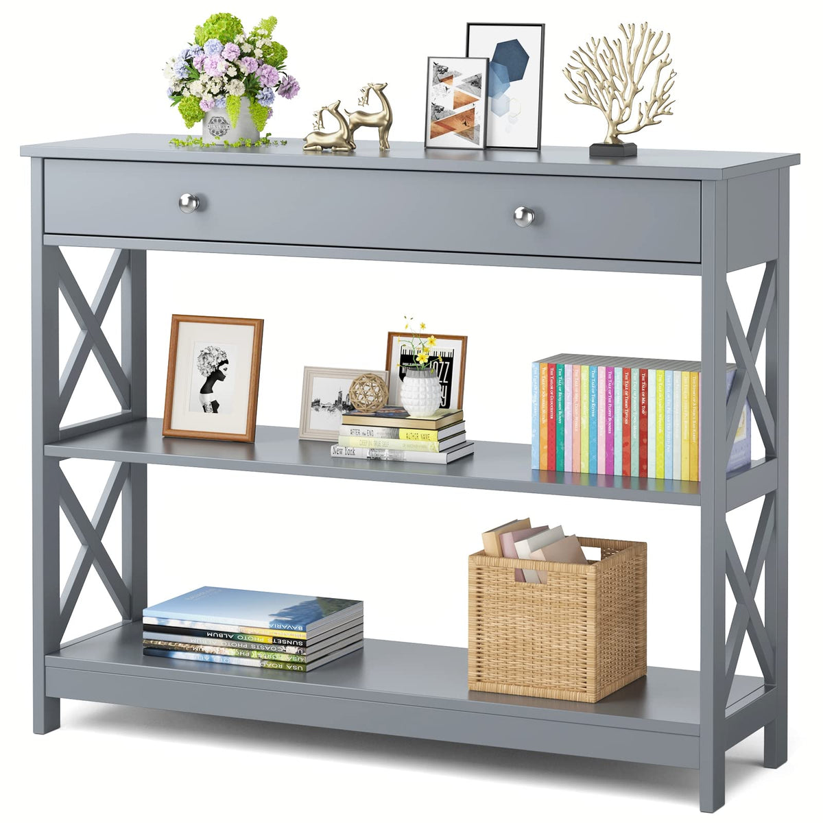 Kotek Console Table With Drawer And Storage Shelves, Narrow Sofa Table For Living Room, Easy Assembly, 3-Tier Entryway Table With Storage For Hallway (Grey)