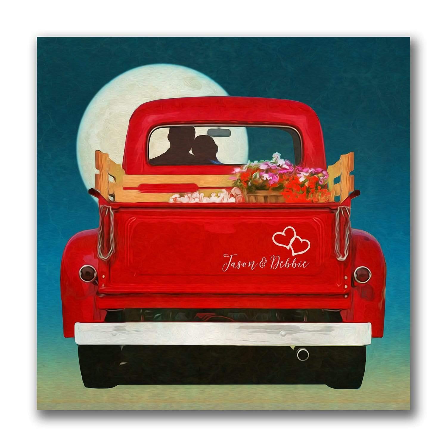 Sharing the Moon - Personalized Romantic Red Truck Decor Art (16x16 Wood Block)