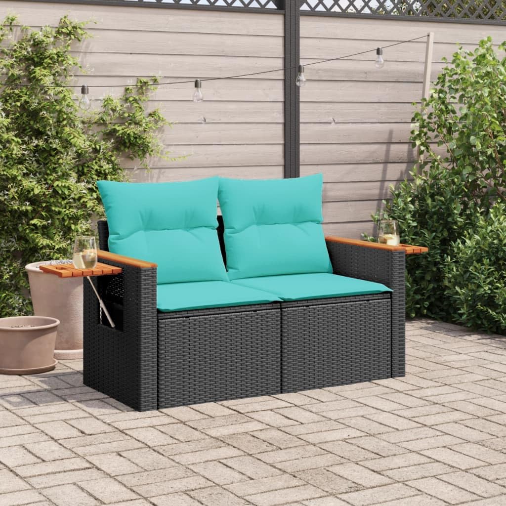 vidaXL 2-Seater Outdoor Patio Sofa Loveseat with Cushions - Black Poly Rattan with Foldable Side Table and Storage Bag, 48.8&quot;x24.4&quot;x27.2&quot;, Blue Cushions Included