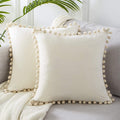 Top Finel Pack Of 2 Decorative Pillow Covers 16X16 Inches Cream Velvet Throw Pillow Covers With Pom-Poms Off White Square Cushio