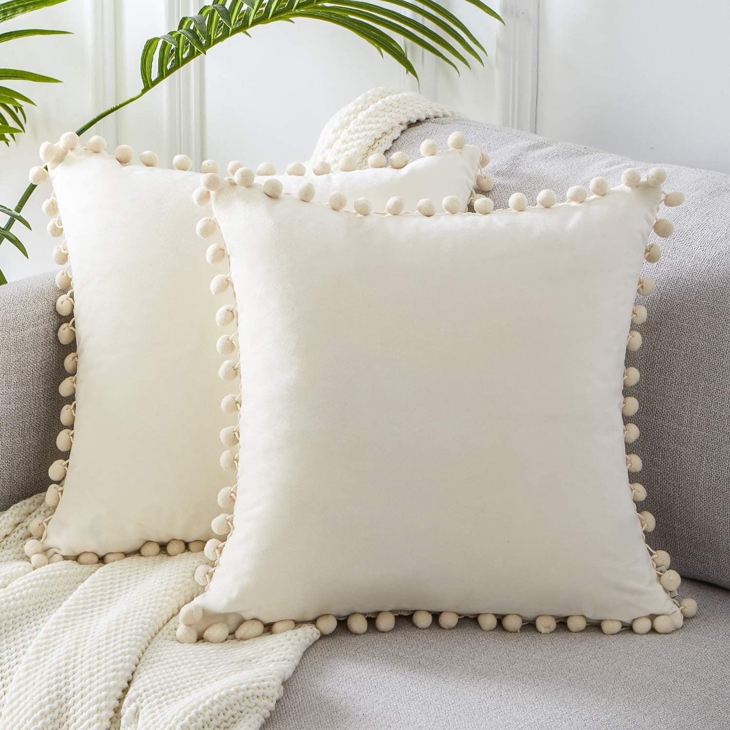 Top Finel Pack Of 2 Decorative Pillow Covers 16X16 Inches Cream Velvet Throw Pillow Covers With Pom-Poms Off White Square Cushio