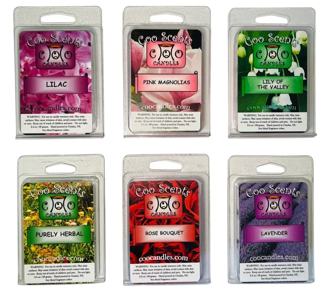 6 Pack Soy Blend Wickless Candle Wax Bar Tart Melts - Floral Pack - Includes one 6 Cube Package of Each - Lavender, Lilac, Purel