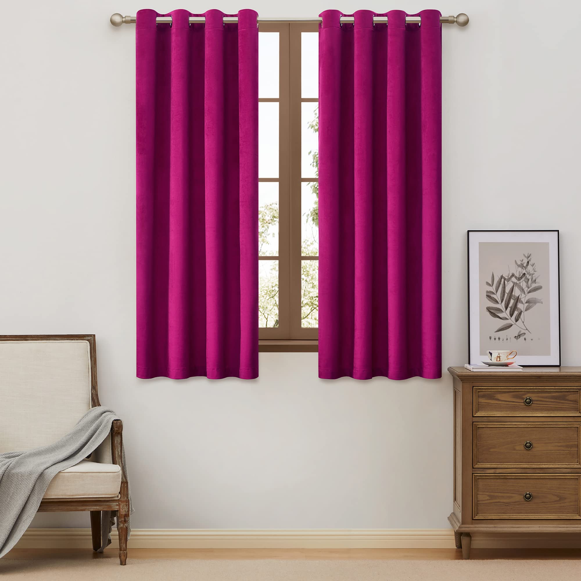 Bulbul Living Room Velvet Window Curtains 63 Inch Length- 2 Panels Hot Pink Blackout Window Drapes Curtains Thermal Insulated Ro