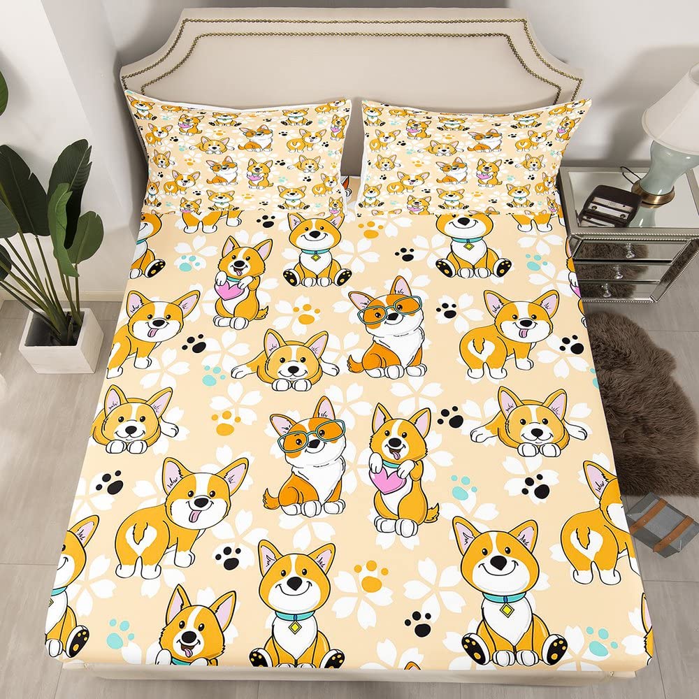 Homewish Cute Corgi Fitted Sheet Twin Size,Cartoon Dog Paw Bedding Set 2Pcs For Kids Teens Boys Girls Room Decor,Pets Dog Bed Co
