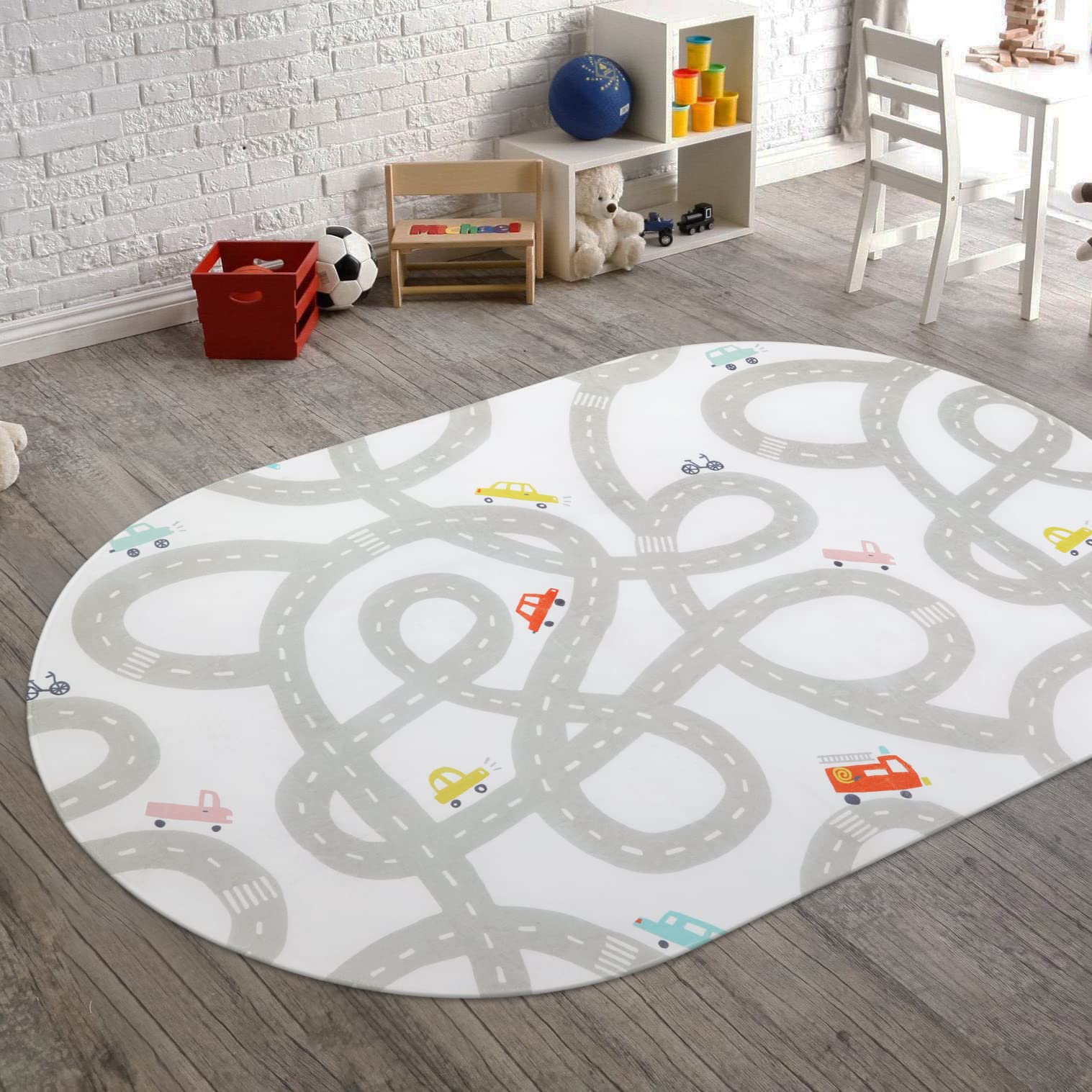 STARUIA Road Traffic Kids Rug Children Playing with Cars Playmat 4x6 Ft, Washable Play Carpet for Kids Playroom, Non-Slip Have F