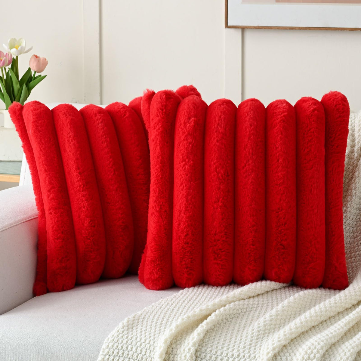 Futei Red Decorative Throw Pillow Covers 22X22 Inch Set Of 2, Square Soft Faux Rabbit Fur Big Striped Cushion Cover,Home Decor F