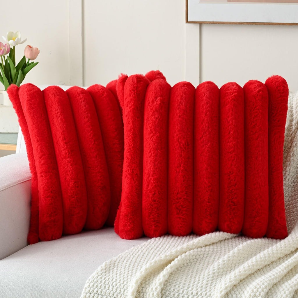 Futei Red Decorative Throw Pillow Covers 26X26 Inch Set Of 2, Square Soft Faux Rabbit Fur Big Striped Pillow Sham,Home Decor For